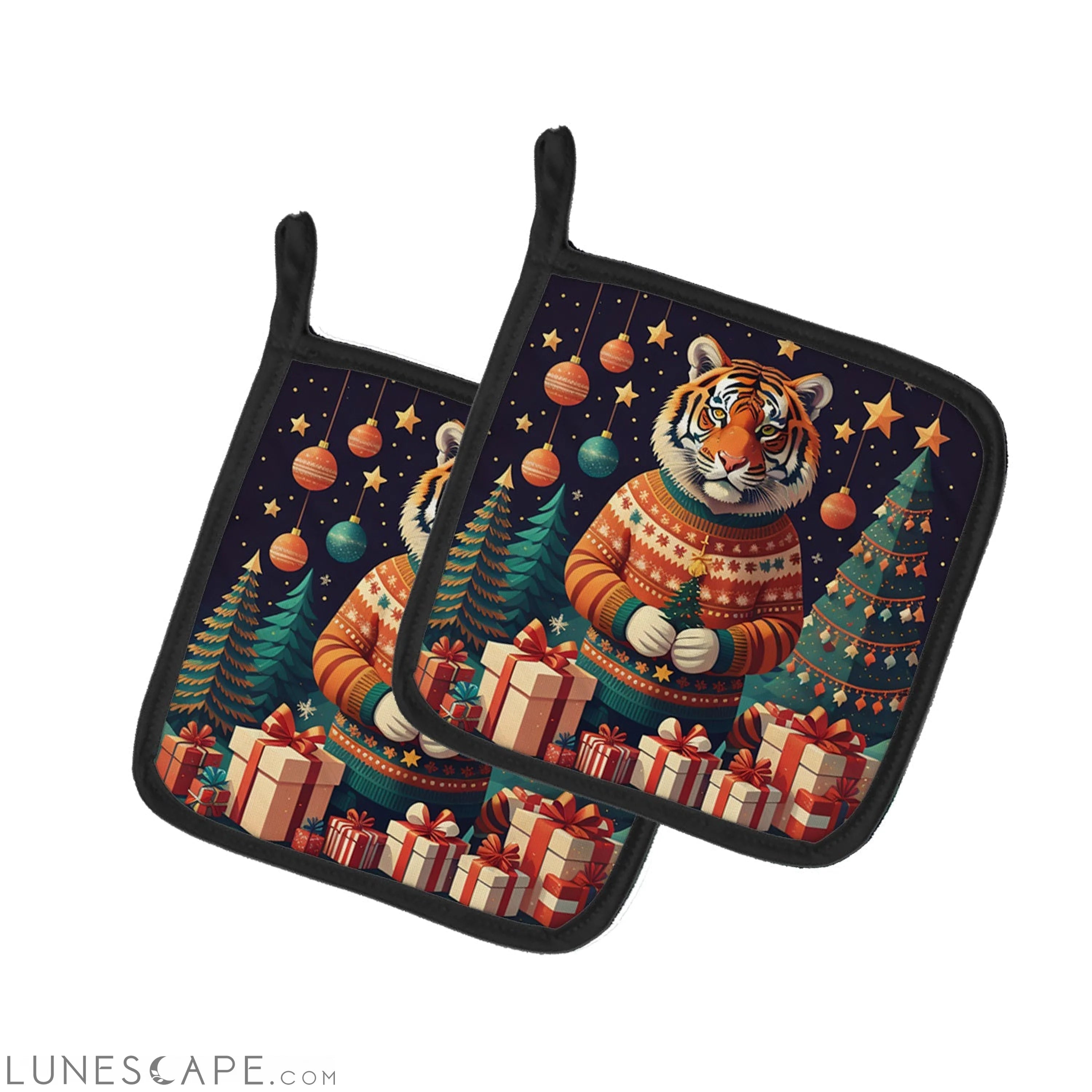 Tiger Christmas Pair of Pot Holders LUNESCAPE