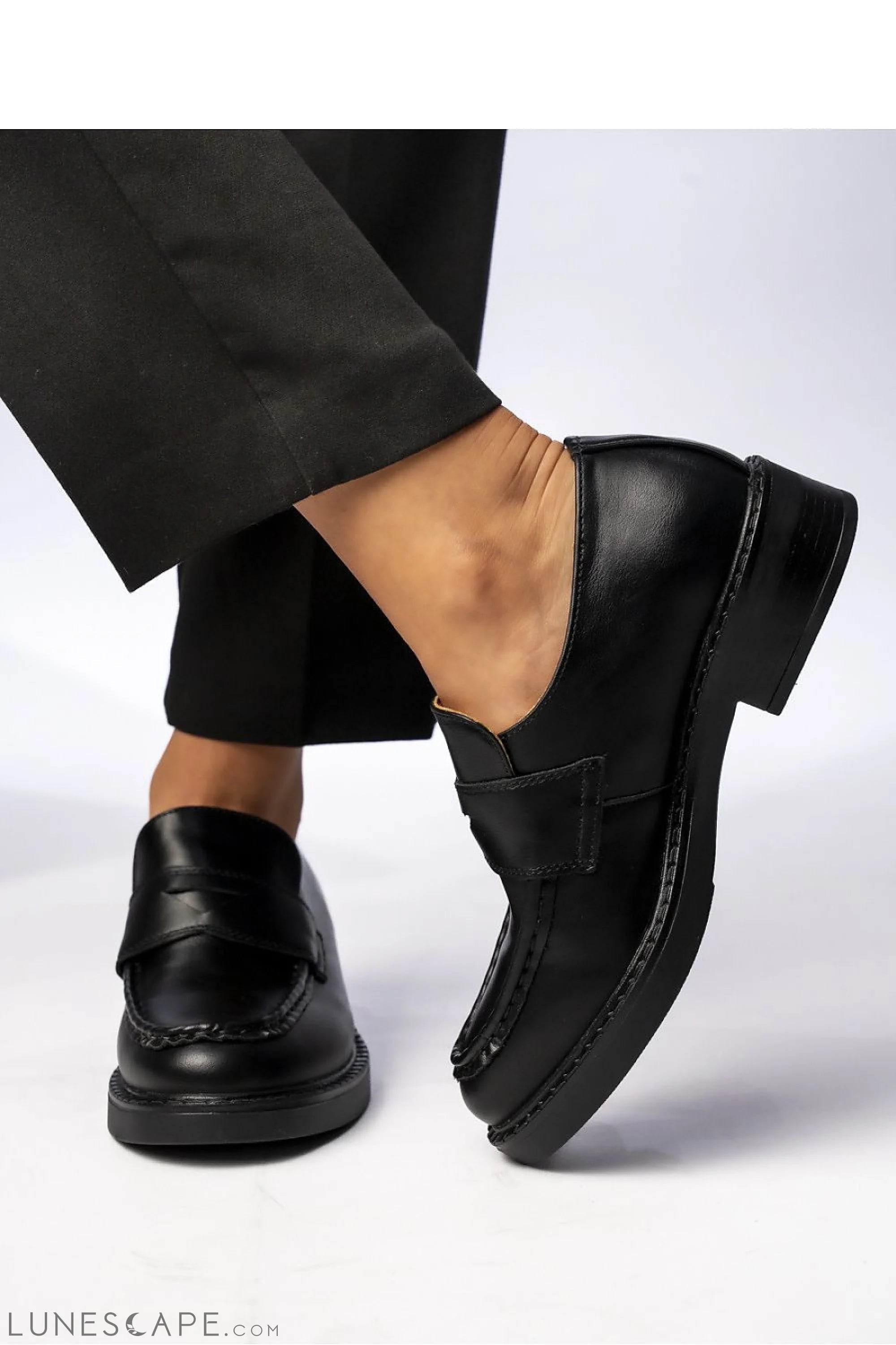 Timeless Black Vegan Leather Penny Loafers – Almond Toe, Low Heel LUNESCAPE