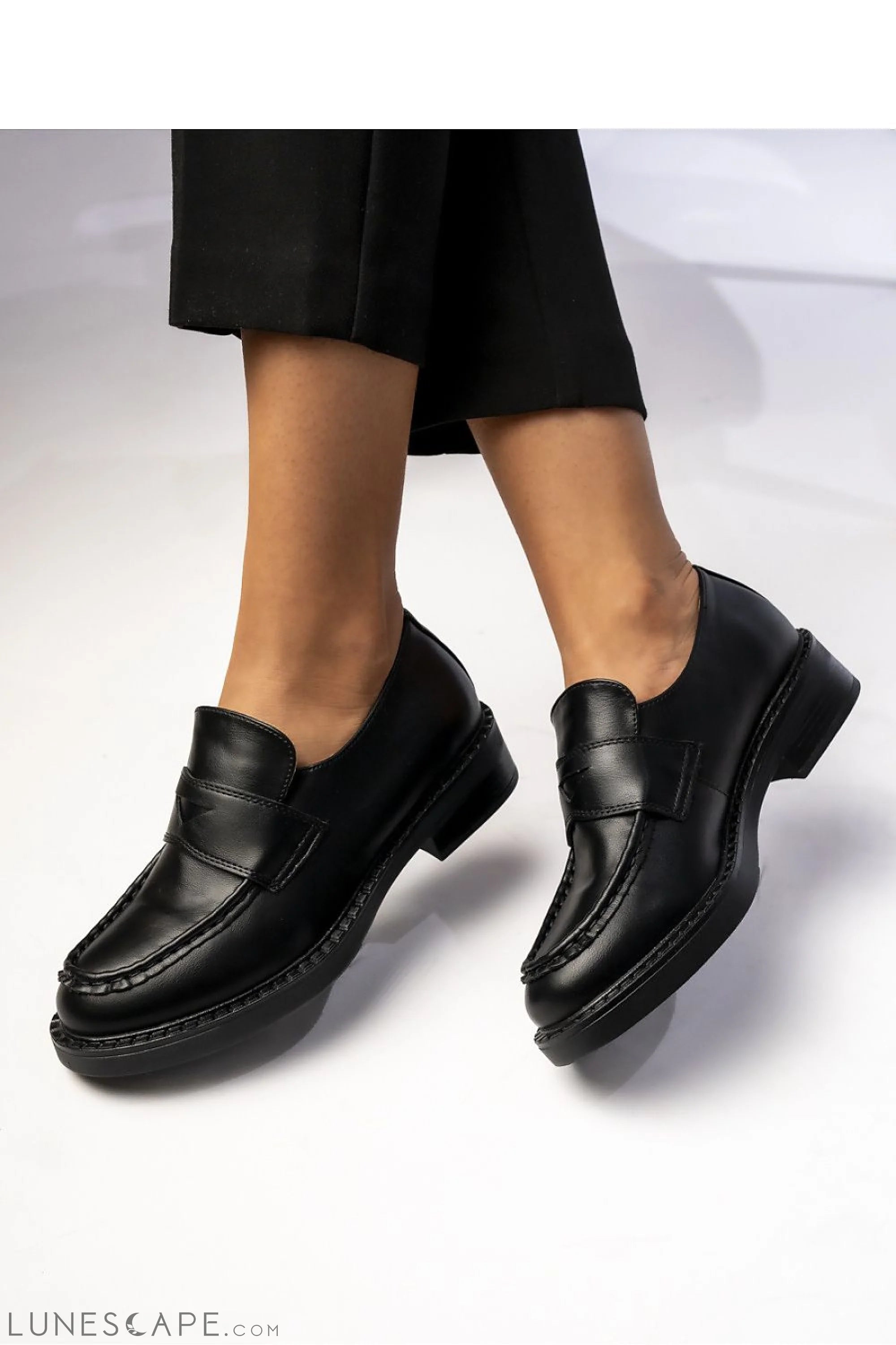 Timeless Black Vegan Leather Penny Loafers – Almond Toe, Low Heel LUNESCAPE