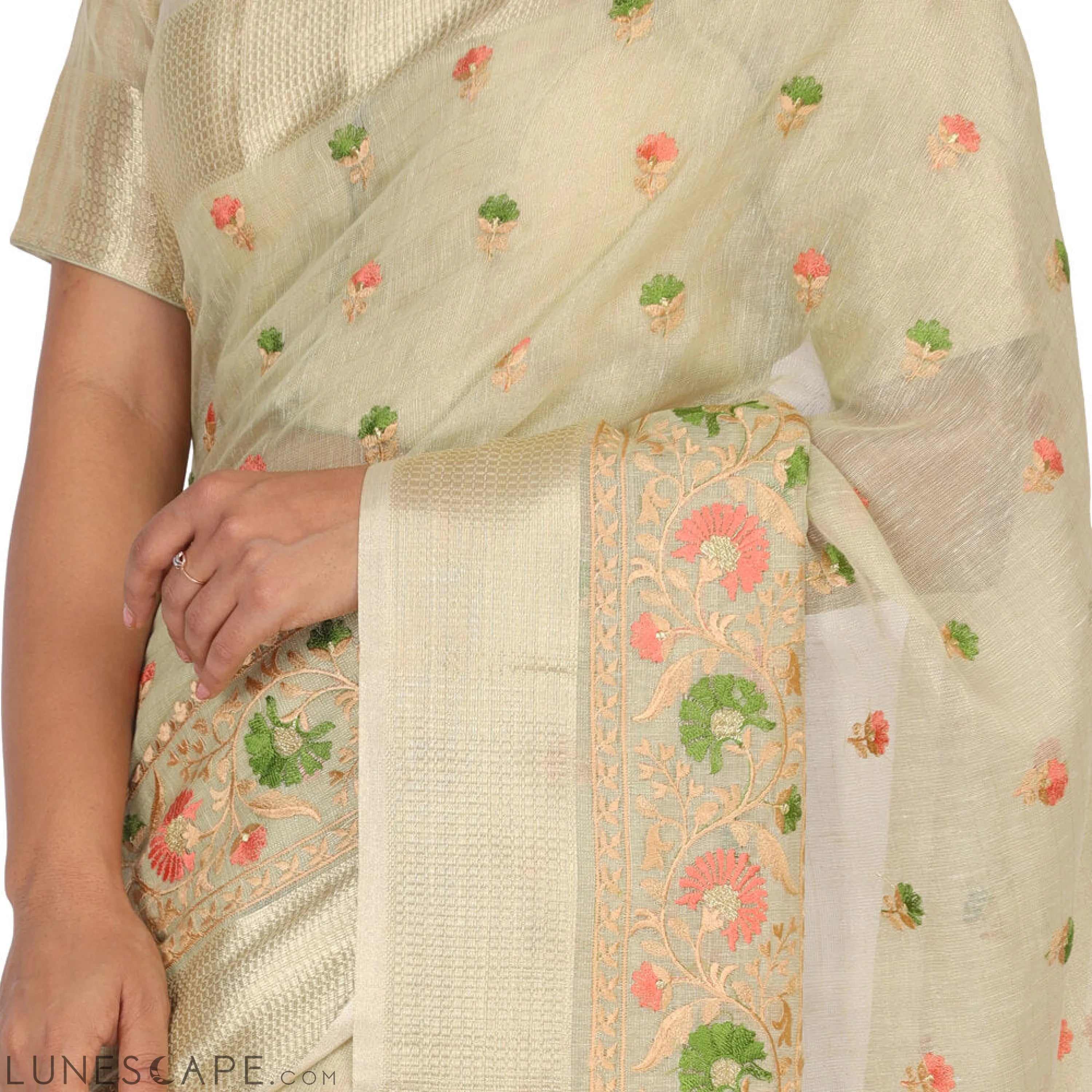 Tissue Banarasi Saree With Embroidery - Cream LUNESCAPE