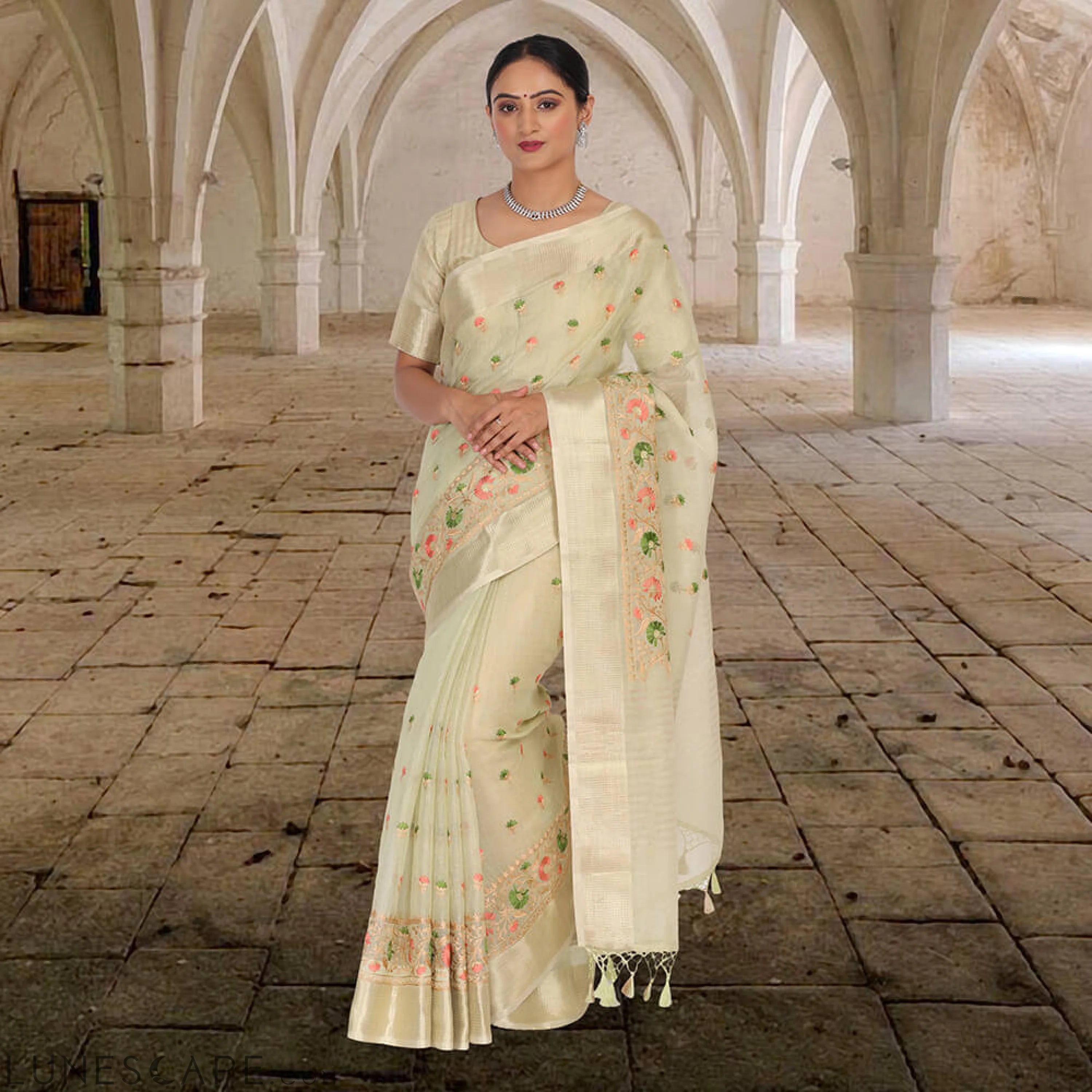 Tissue Banarasi Saree With Embroidery - Cream LUNESCAPE