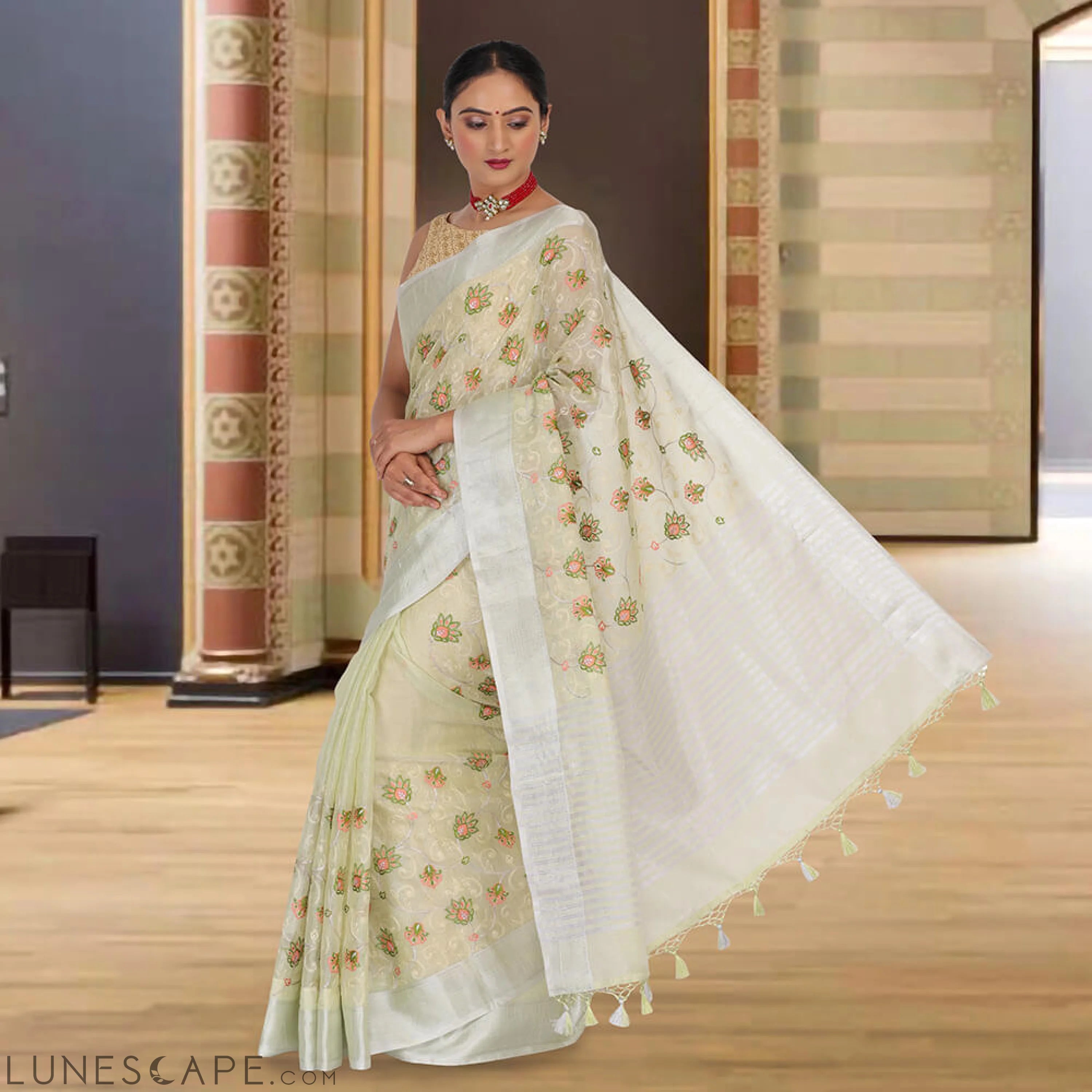 Tissue Banarasi Saree With Embroidery - Sea Green LUNESCAPE
