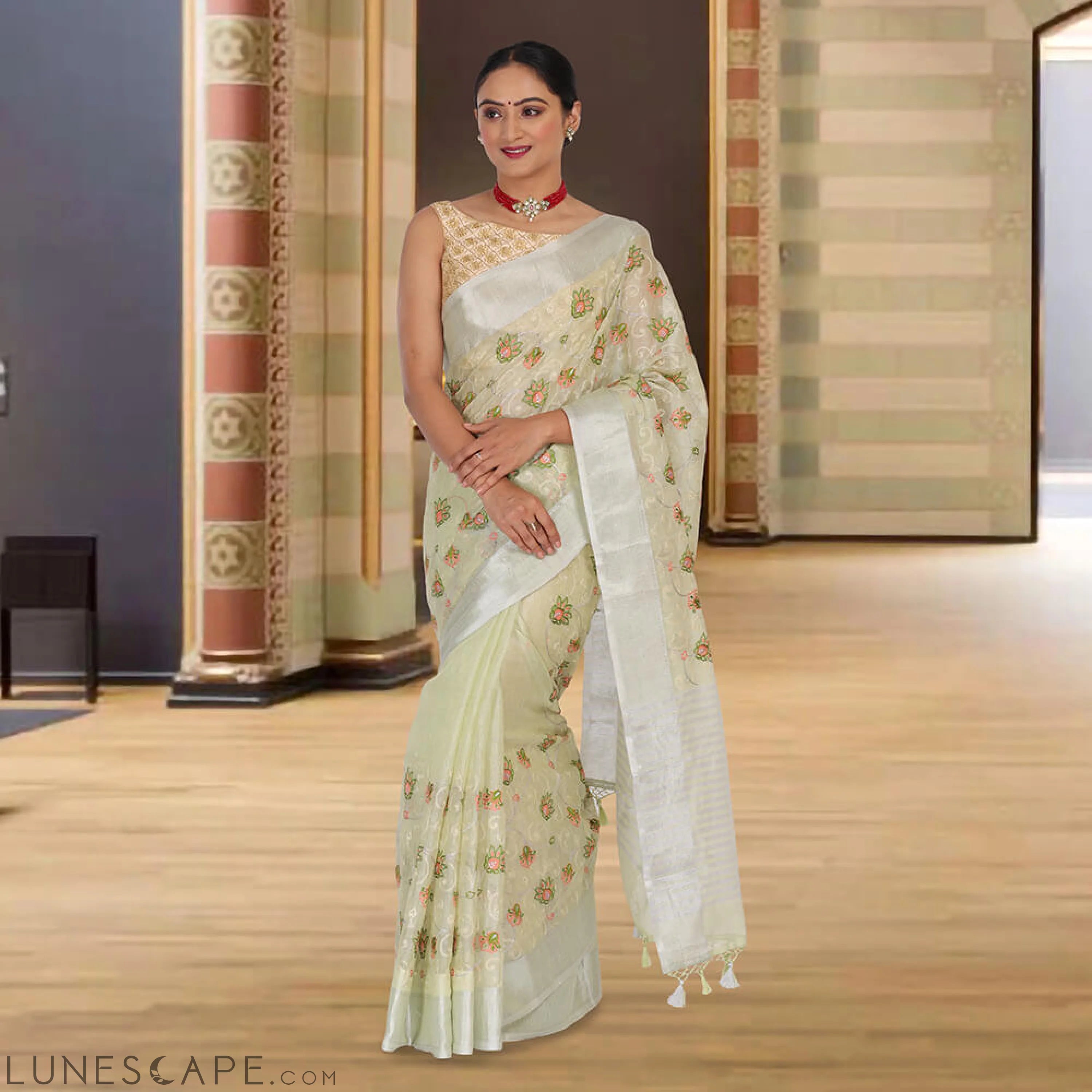 Tissue Banarasi Saree With Embroidery - Sea Green LUNESCAPE