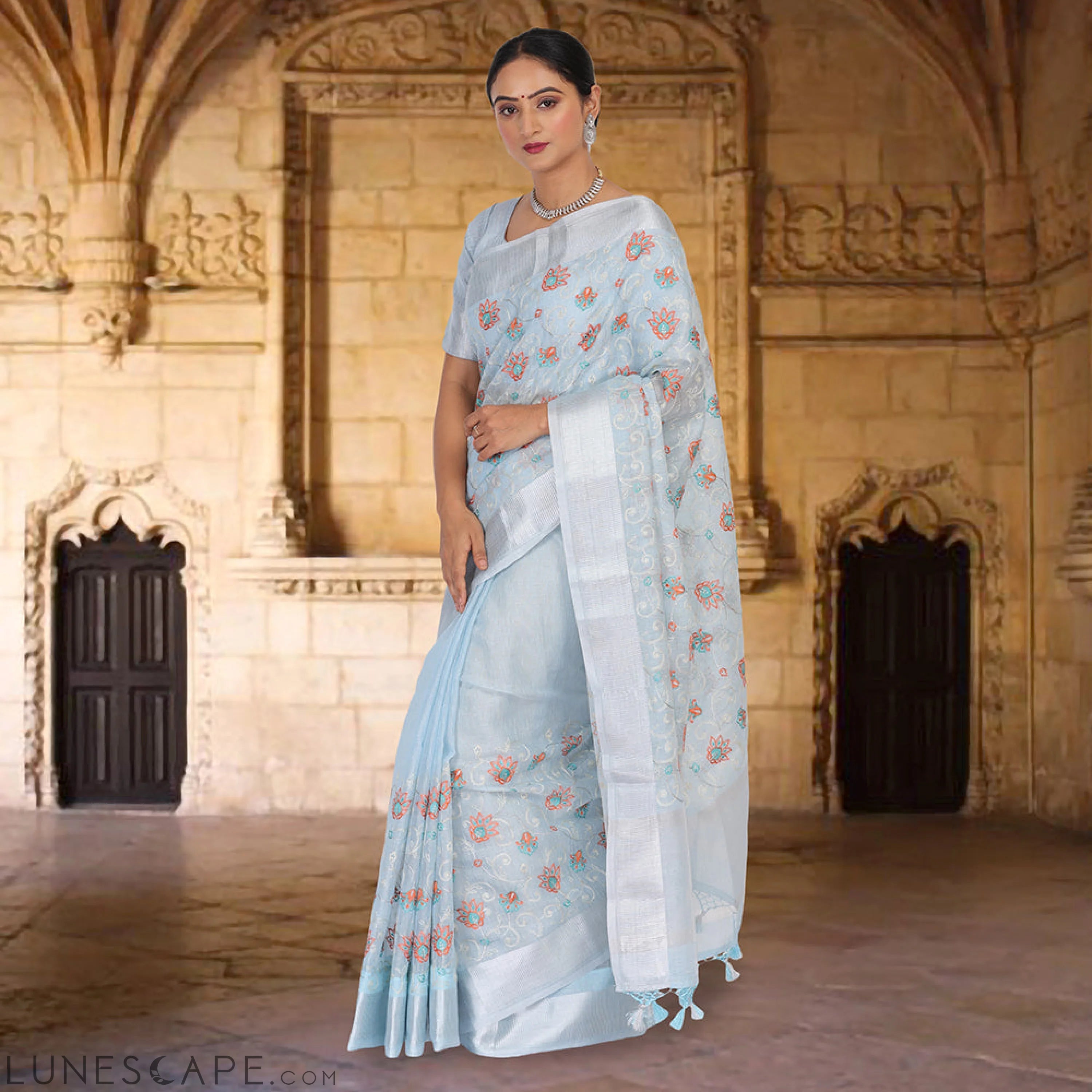 Tissue Banarasi Saree With Embroidery - Sky Blue LUNESCAPE