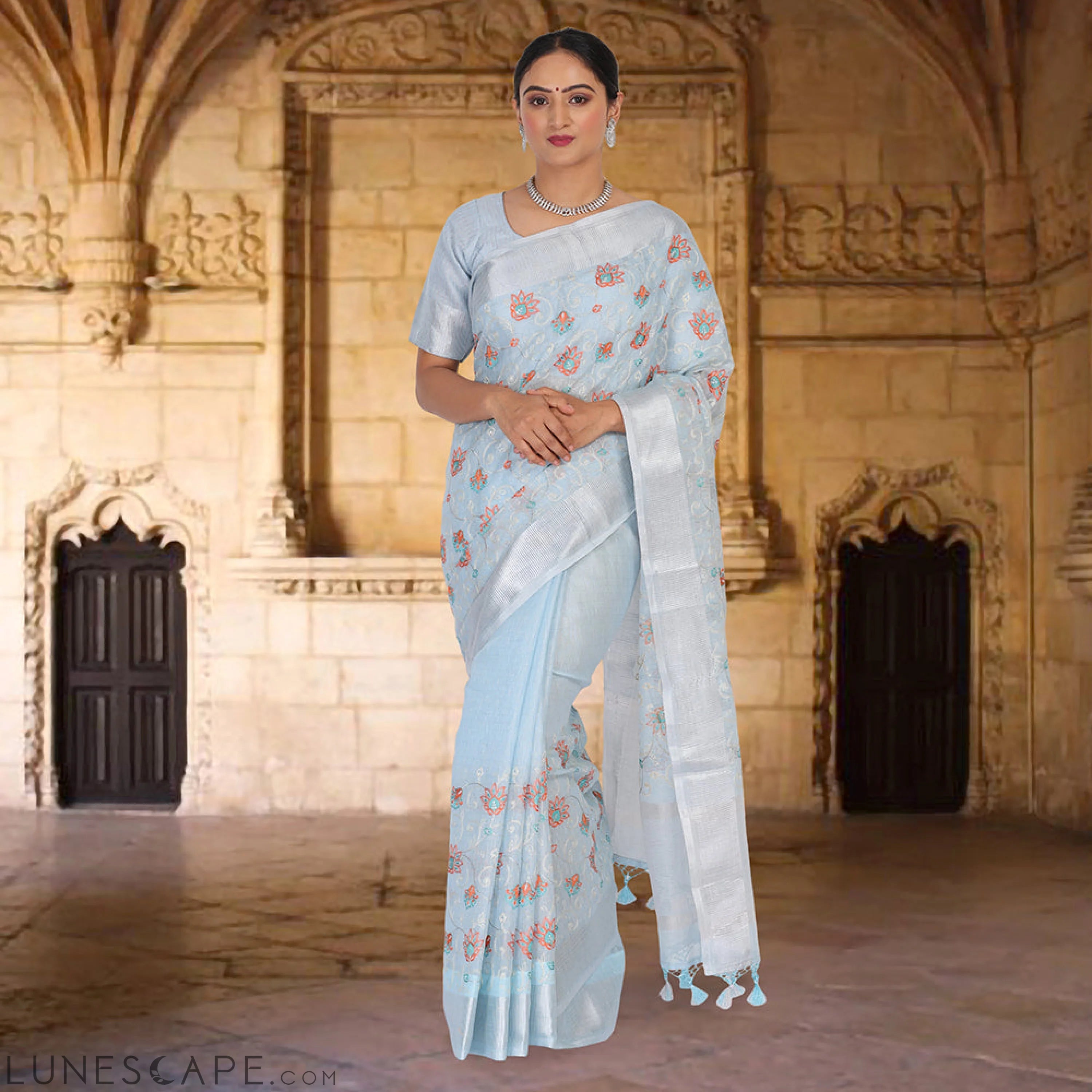 Tissue Banarasi Saree With Embroidery - Sky Blue LUNESCAPE