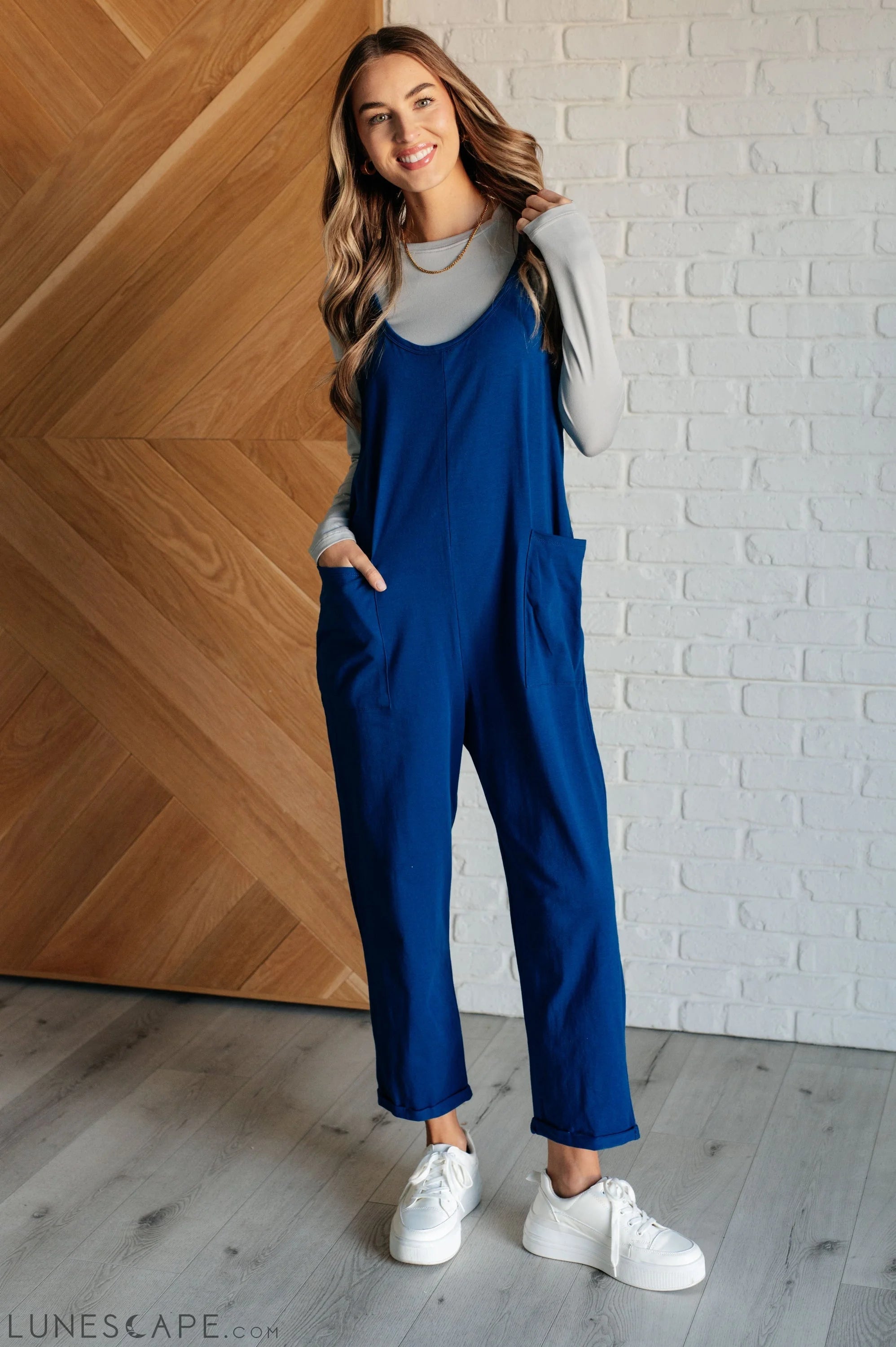 Totally Me Spaghetti Strap Jumpsuit in Light Navy LUNESCAPE