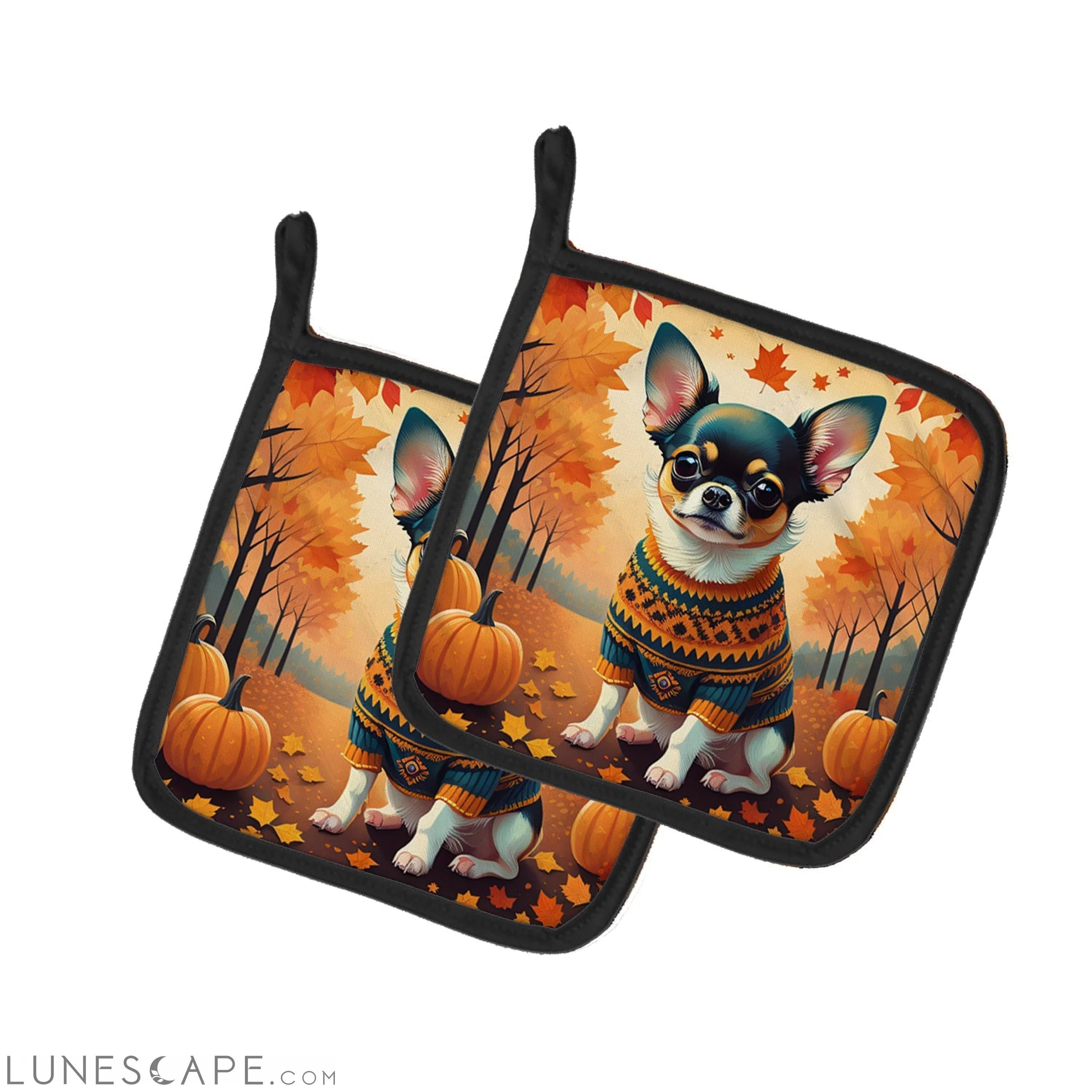 Tricolor Chihuahua Fall Pair of Pot Holders LUNESCAPE