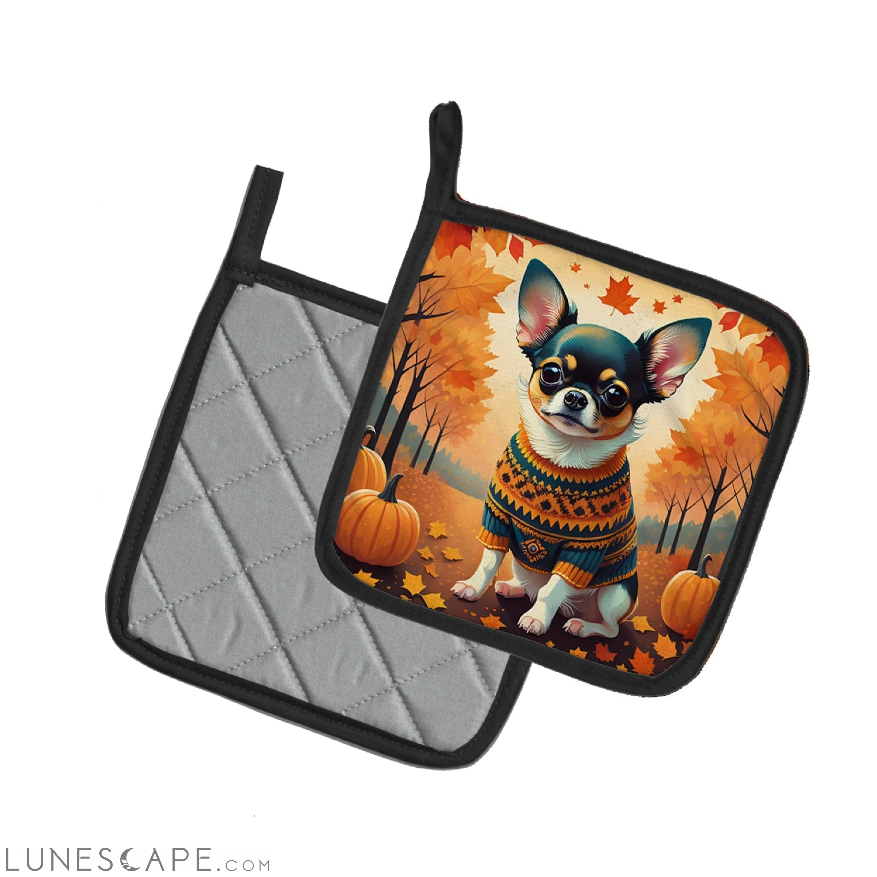 Tricolor Chihuahua Fall Pair of Pot Holders LUNESCAPE