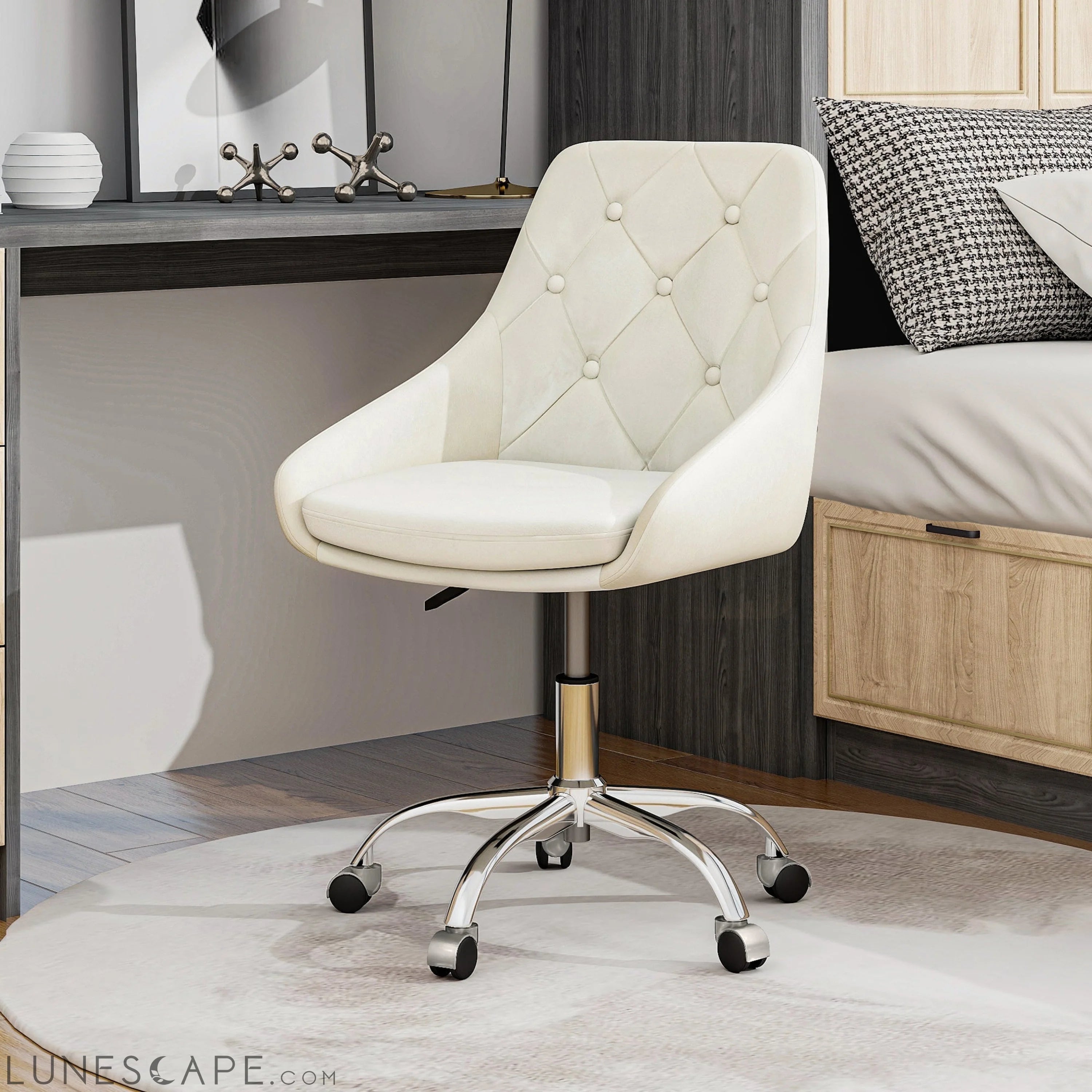 Tufted Velvet Rolling Office Chair - Chrome Legs LUNESCAPE