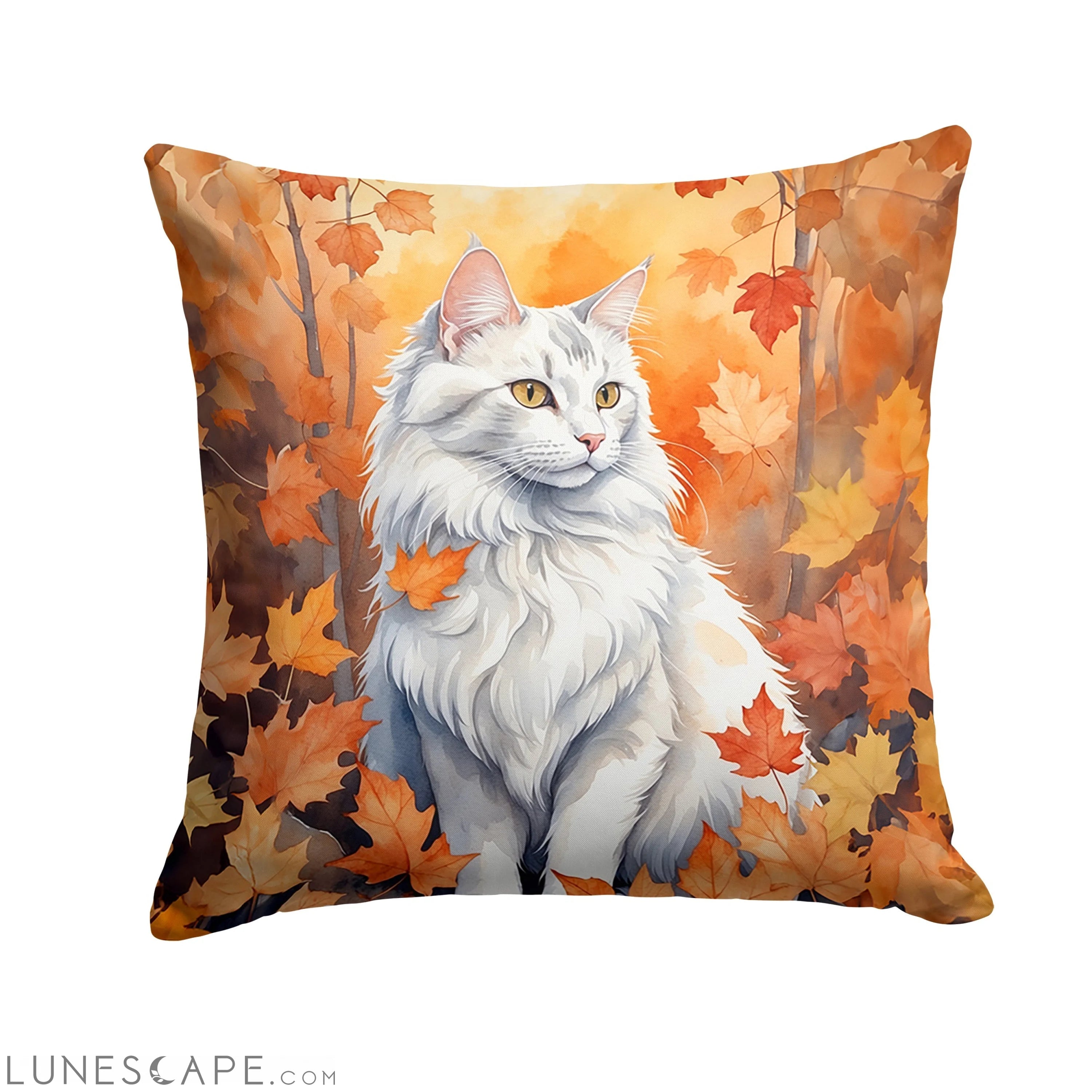 Turkish Angora Cat in Fall Autumn Leaves Throw Pillow LUNESCAPE