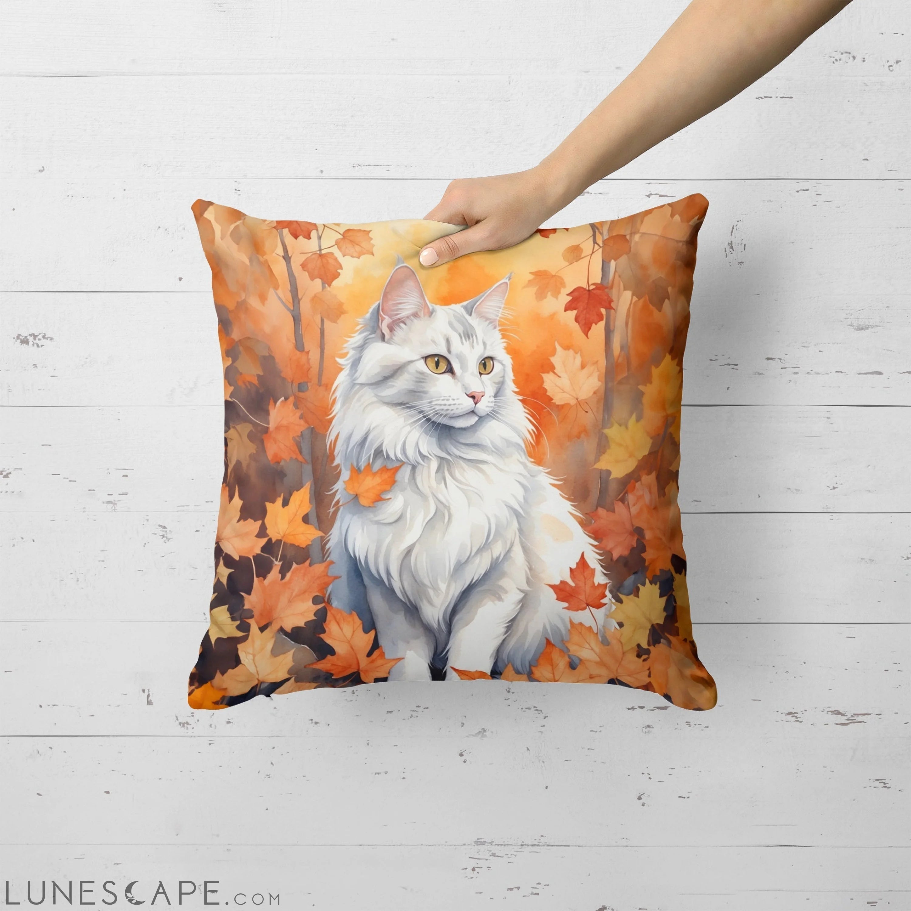 Turkish Angora Cat in Fall Autumn Leaves Throw Pillow LUNESCAPE