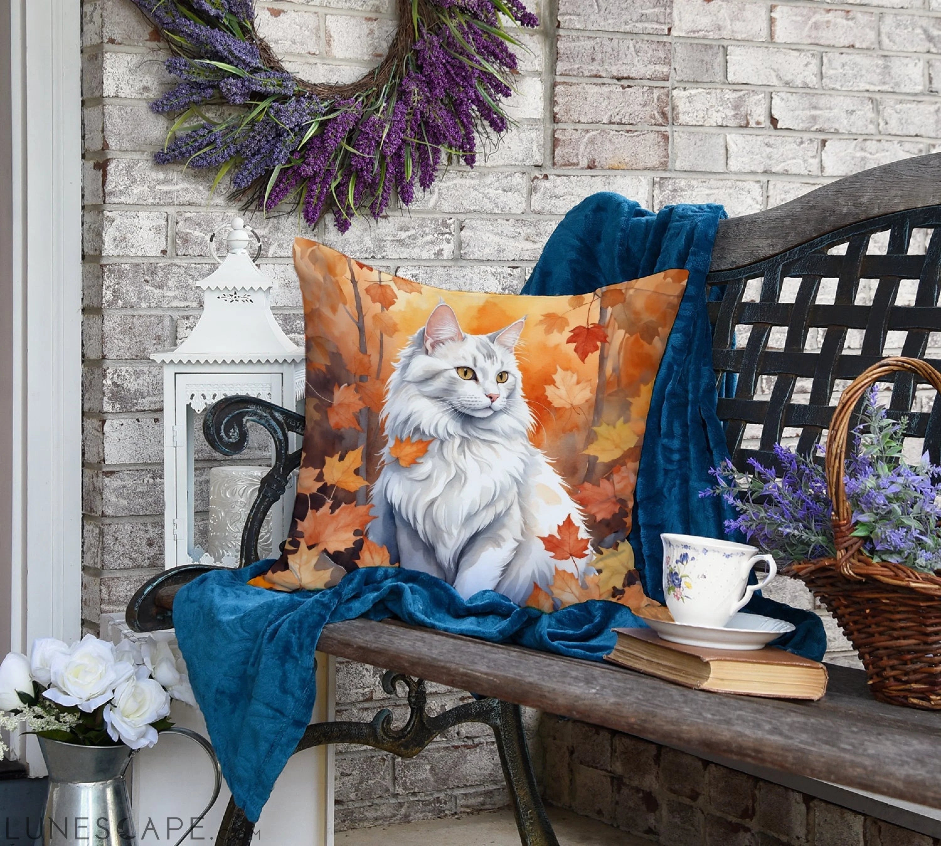 Turkish Angora Cat in Fall Autumn Leaves Throw Pillow LUNESCAPE