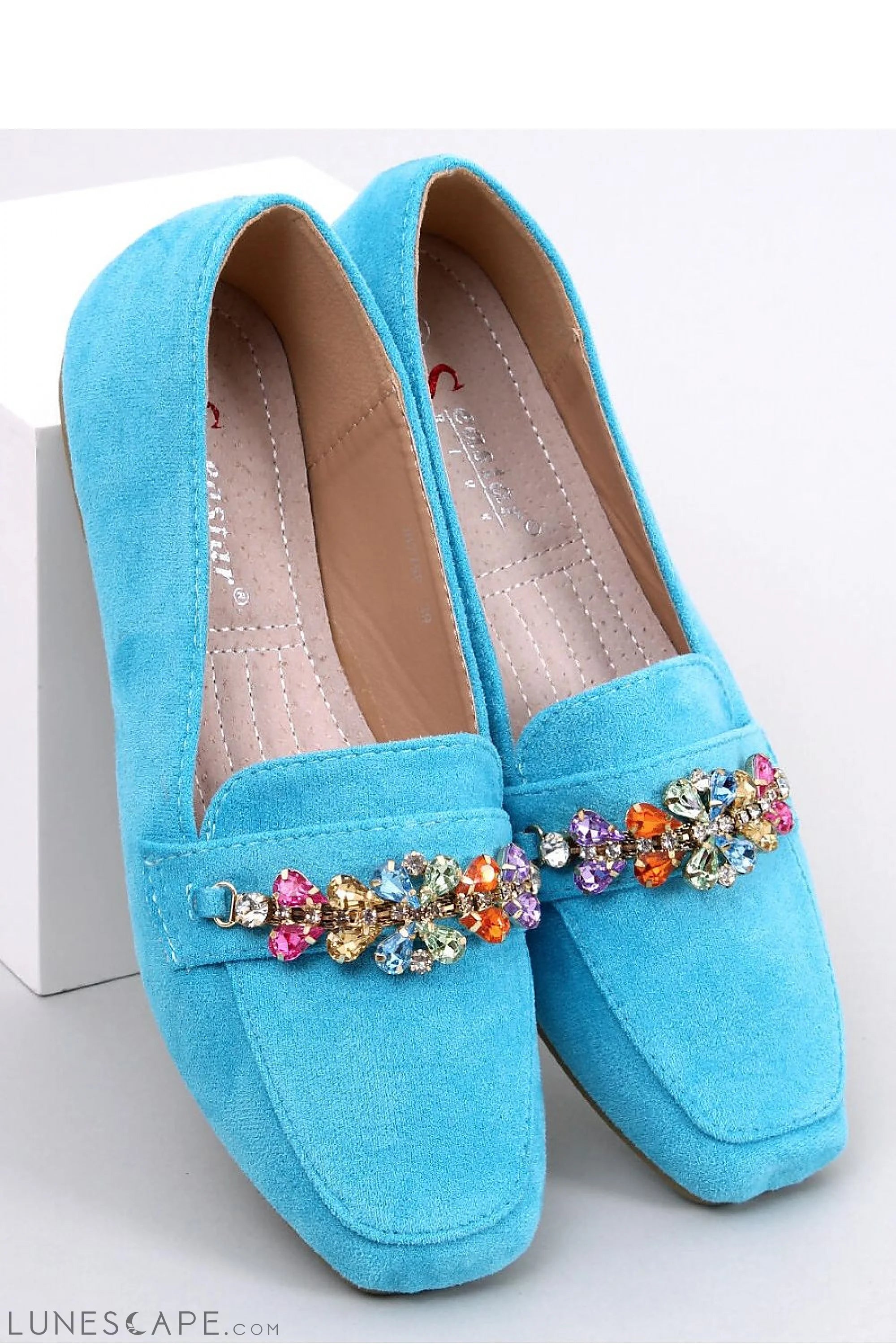 Turquoise Fabric Jewelled Loafers for Women – Almond Toe with Multicolor Gems LUNESCAPE