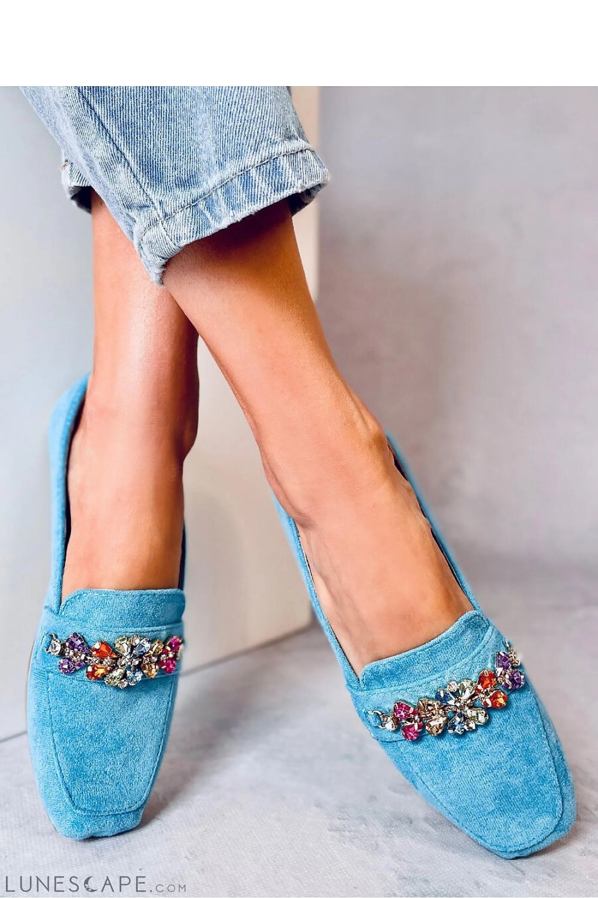 Turquoise Fabric Jewelled Loafers for Women – Almond Toe with Multicolor Gems LUNESCAPE