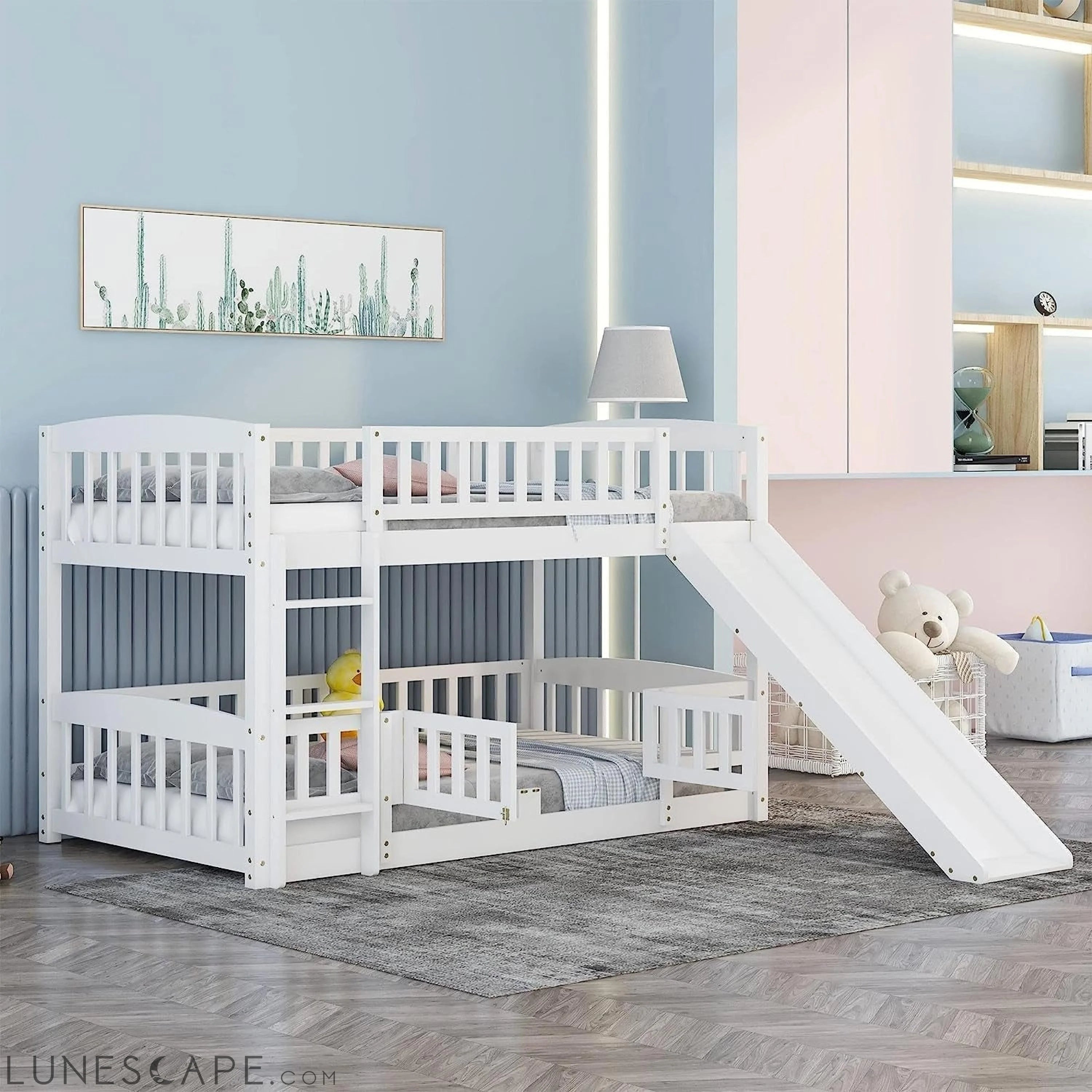 Twin Low Bunk Bed with Openable Fence and Slide, White LUNESCAPE