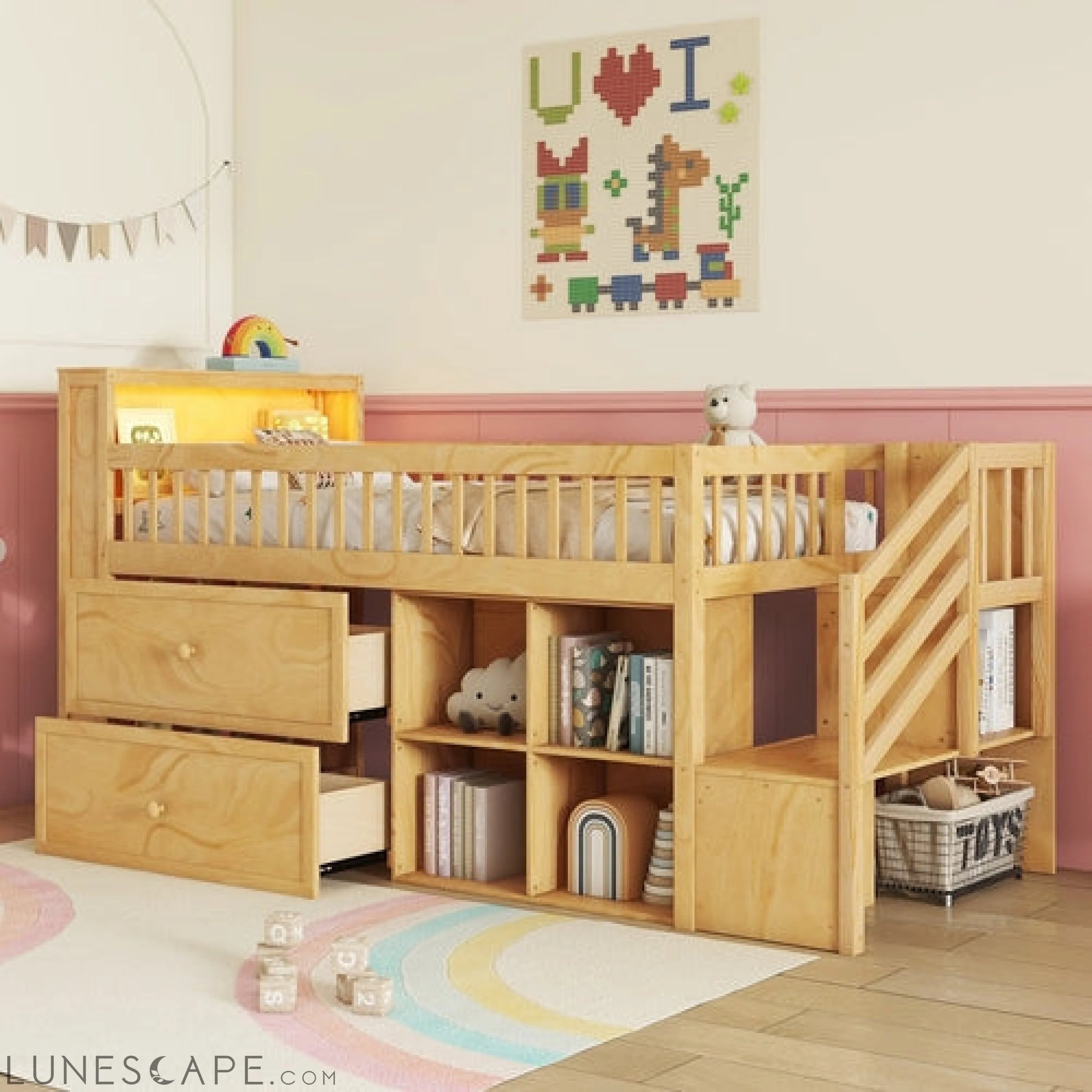 Twin Size Loft Bed with LED and Bookshelf, Wood Low Loft Bed with LUNESCAPE