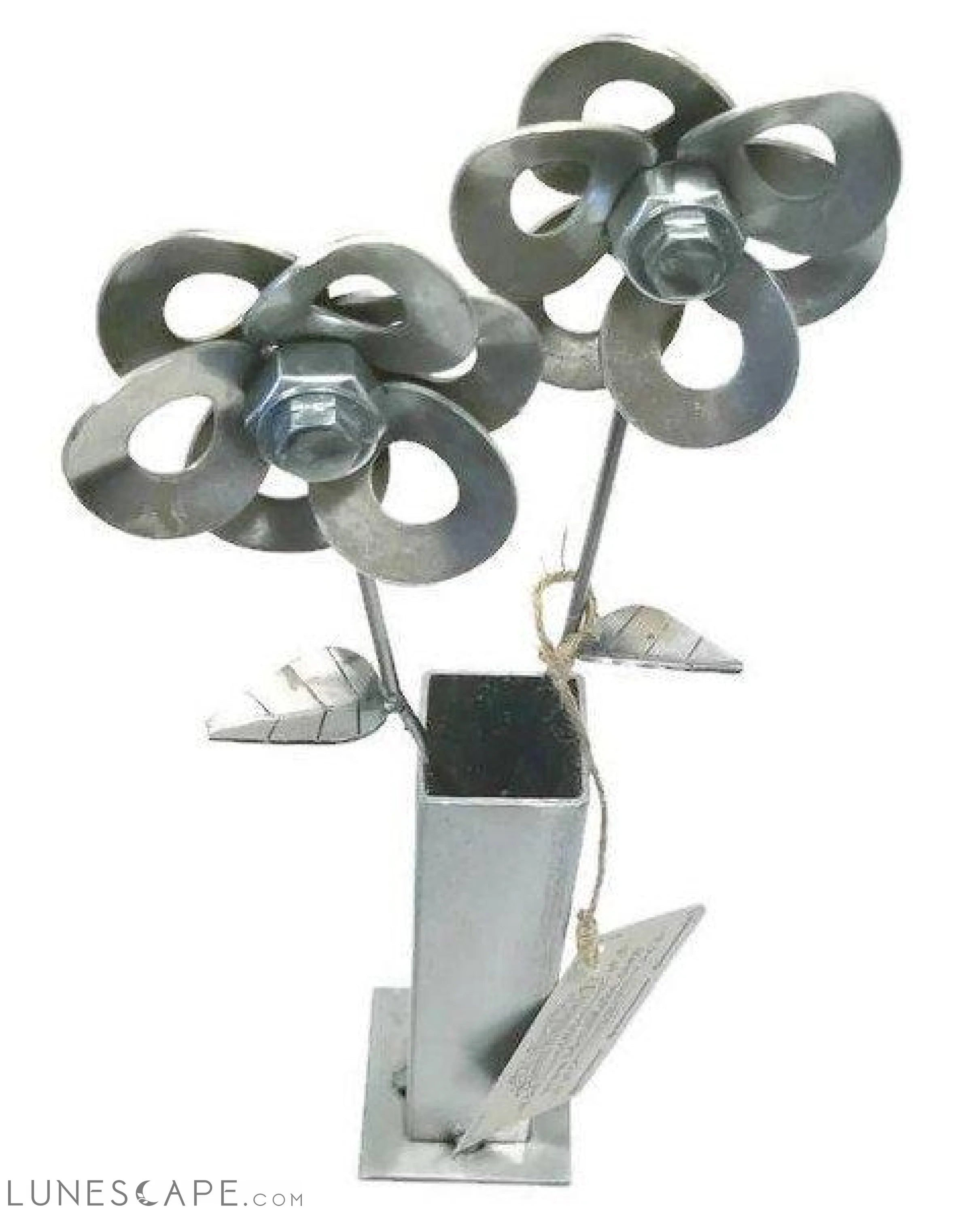 Two Metal Flowers and Vase, Steel Flowers and Vase, Welded Art LUNESCAPE