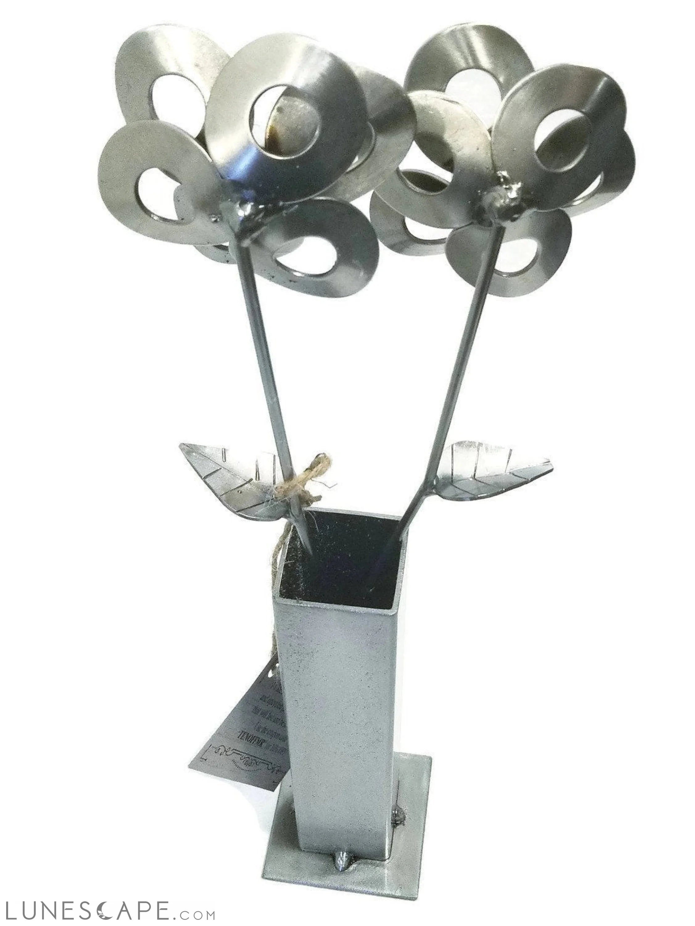 Two Metal Flowers and Vase, Steel Flowers and Vase, Welded Art LUNESCAPE