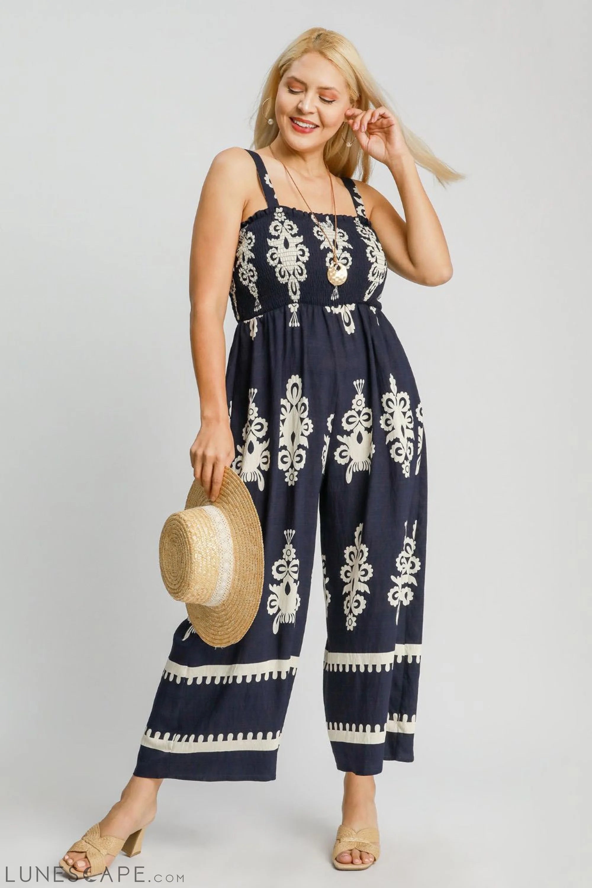 Umgee Full Size Smocked Printed Wide Leg Jumpsuit Plus Size LUNESCAPE