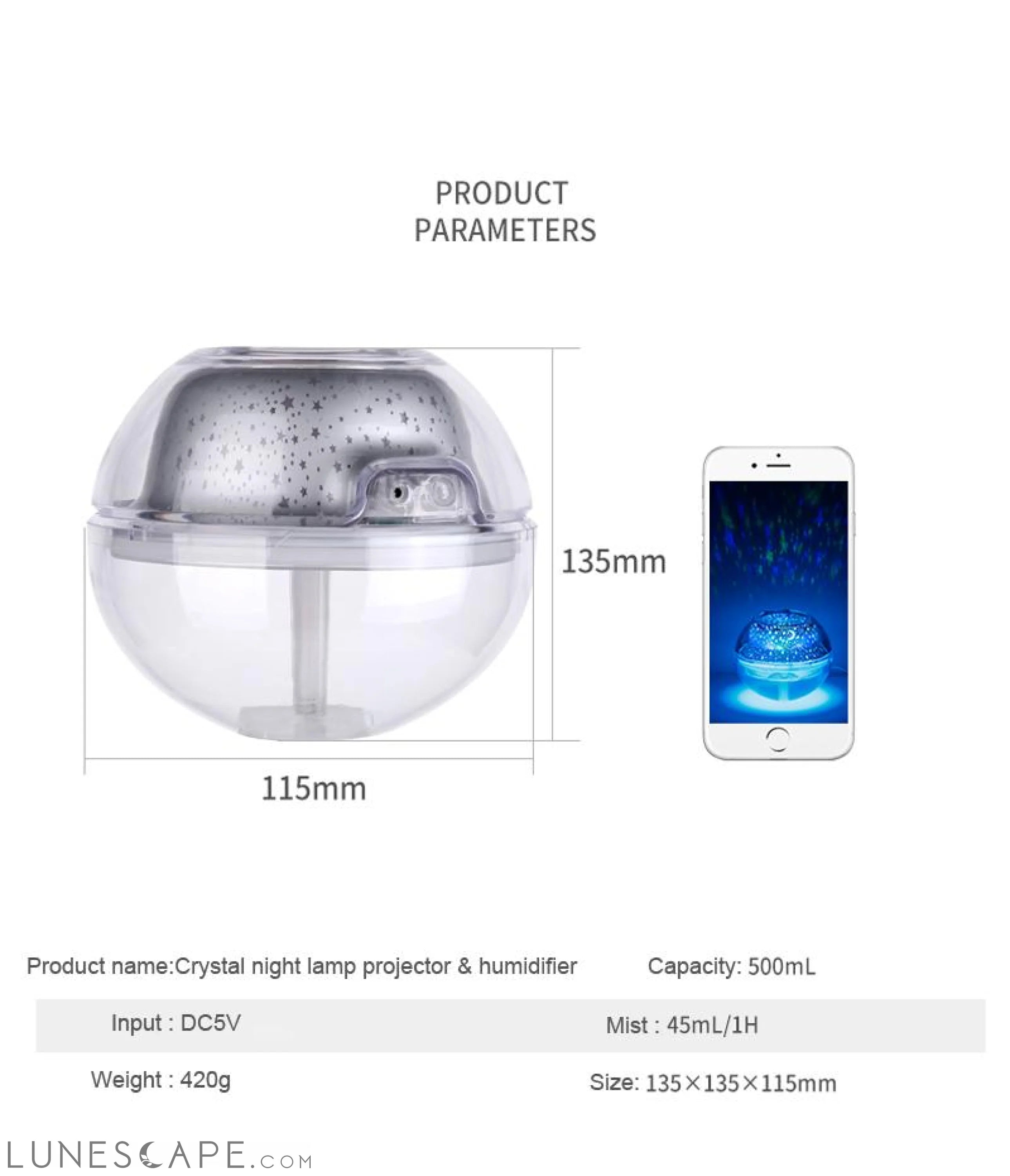 USB Crystal Night Lamp Projector 500ml Air Humidifier Desktop Aroma LUNESCAPE