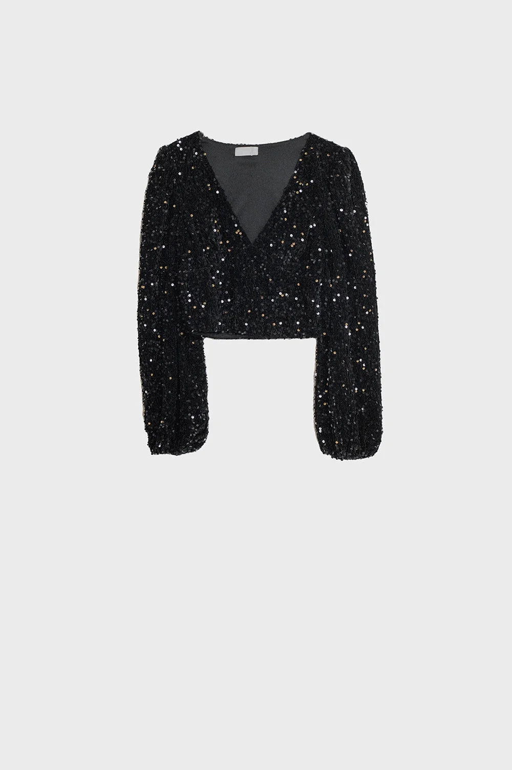 V-Neck Cropped Sequin Top With Balloon Sleeves in Black LUNESCAPE