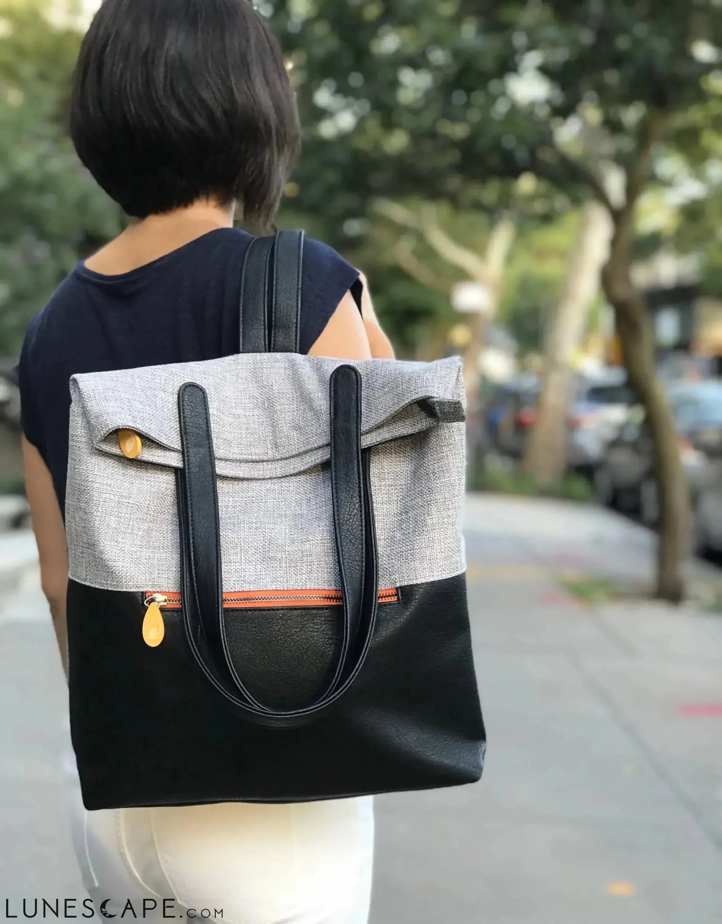 Vegan Convertible Backpack Tote - Gray Tweed / Black LUNESCAPE