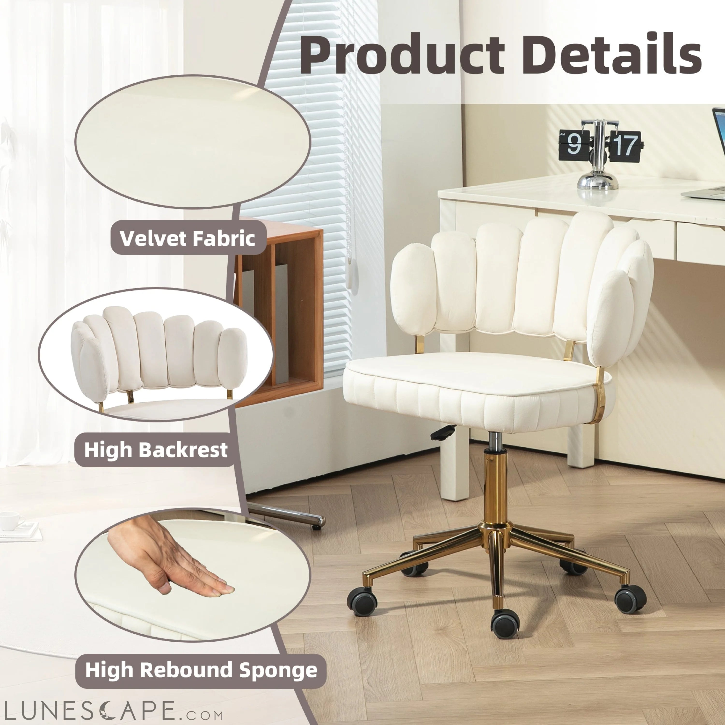 Velvet Home Office Desk Chair, Modern Cute Computer Chair, Wheels LUNESCAPE