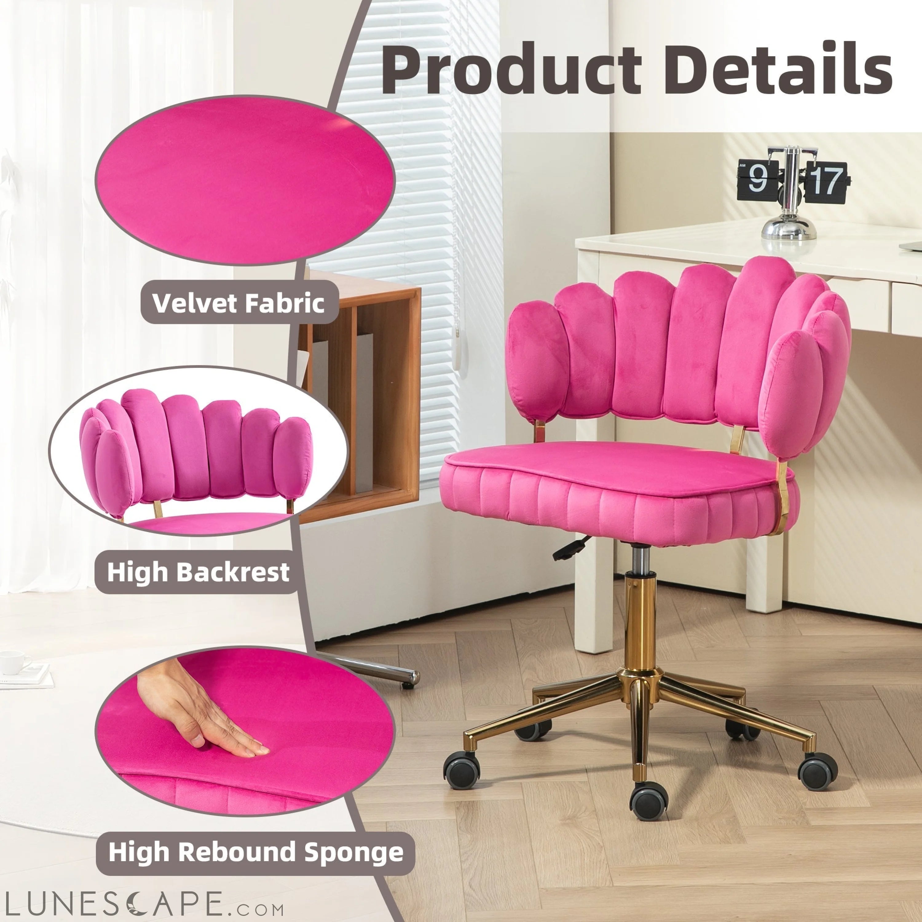 Velvet Home Office Desk Chair, Modern Cute Computer Chair, Wheels LUNESCAPE