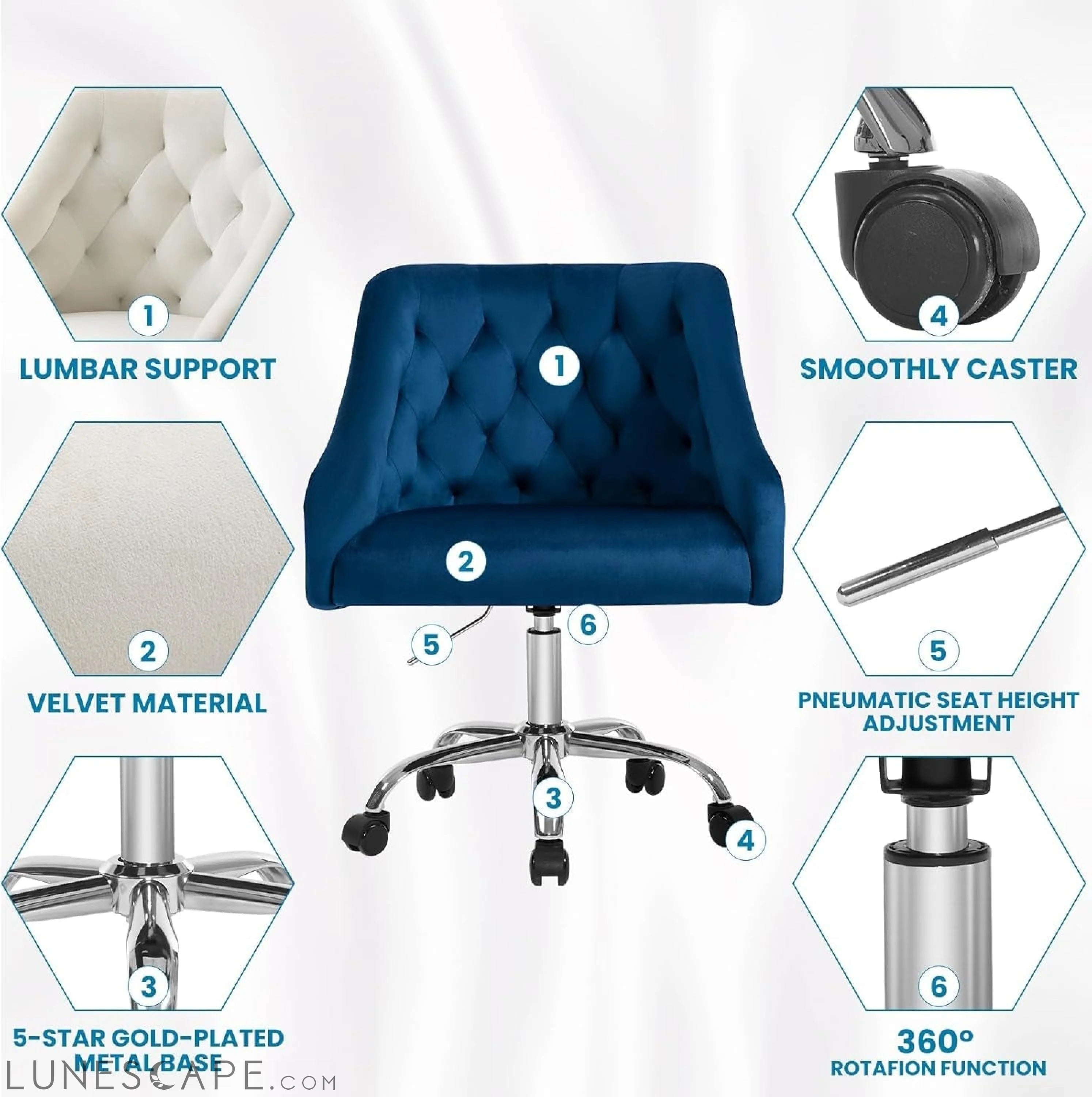 Velvet Office Swivel Chair, Vanity Chair, Fabric Desk Chair, Pretty LUNESCAPE