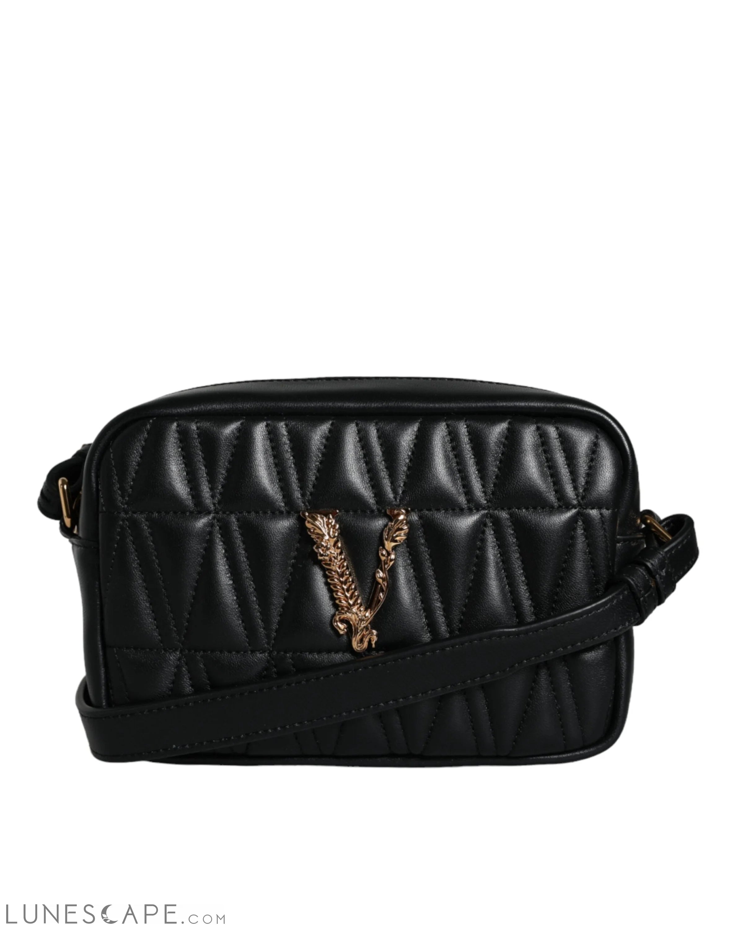 Versace Black Quilted Lamb Leather Camera Case Shoulder Bag LUNESCAPE