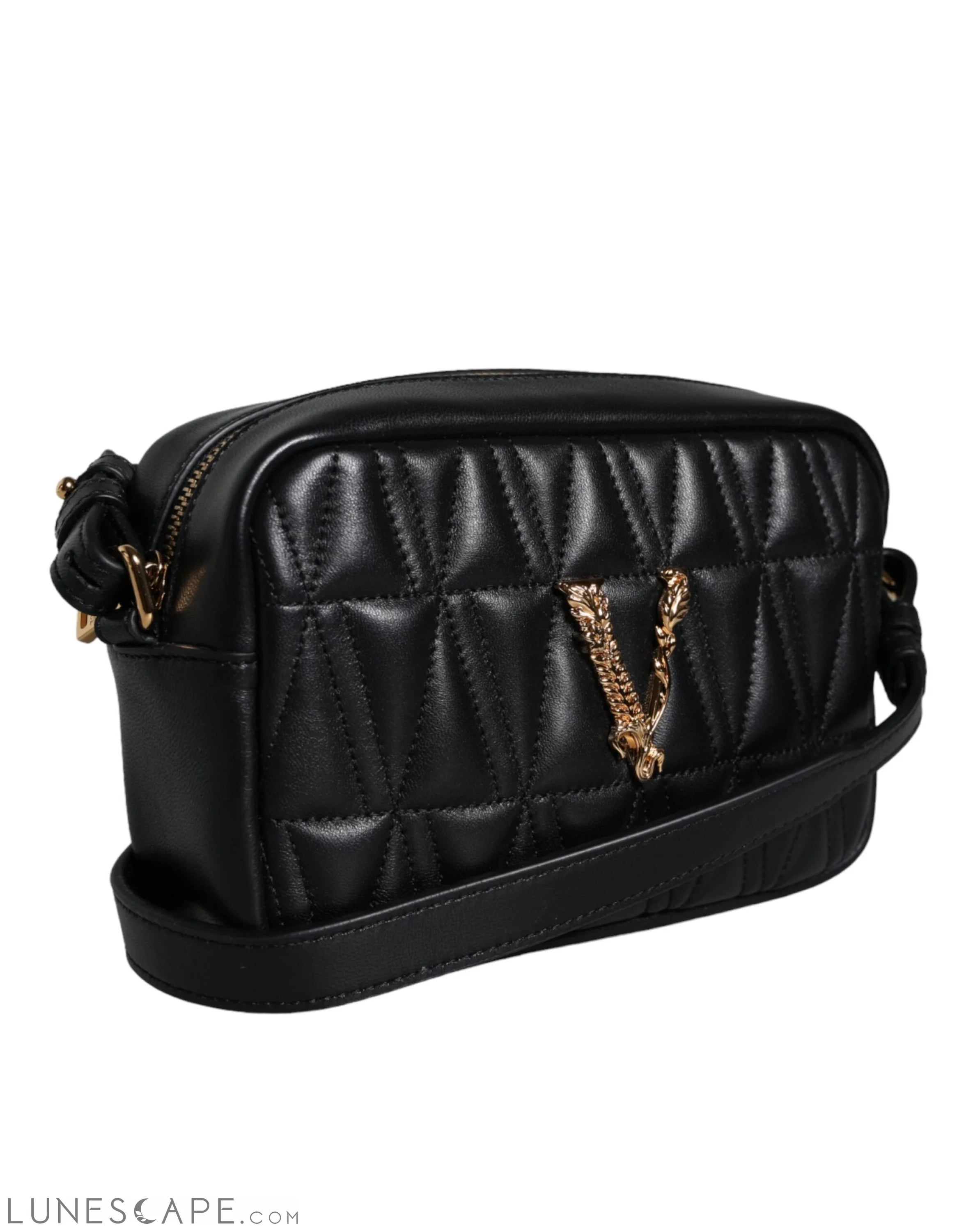 Versace Black Quilted Lamb Leather Camera Case Shoulder Bag LUNESCAPE