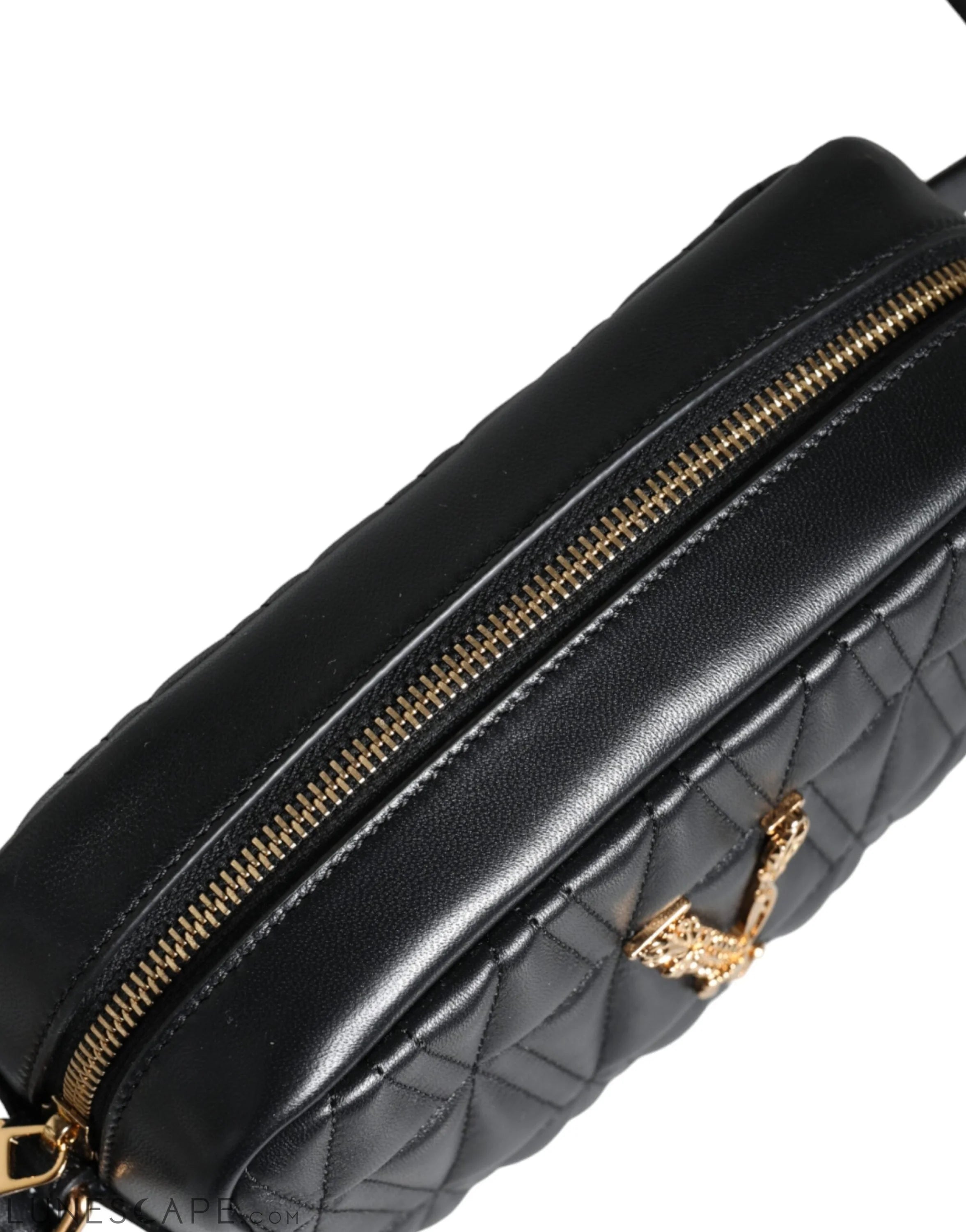 Versace Black Quilted Lamb Leather Camera Case Shoulder Bag LUNESCAPE
