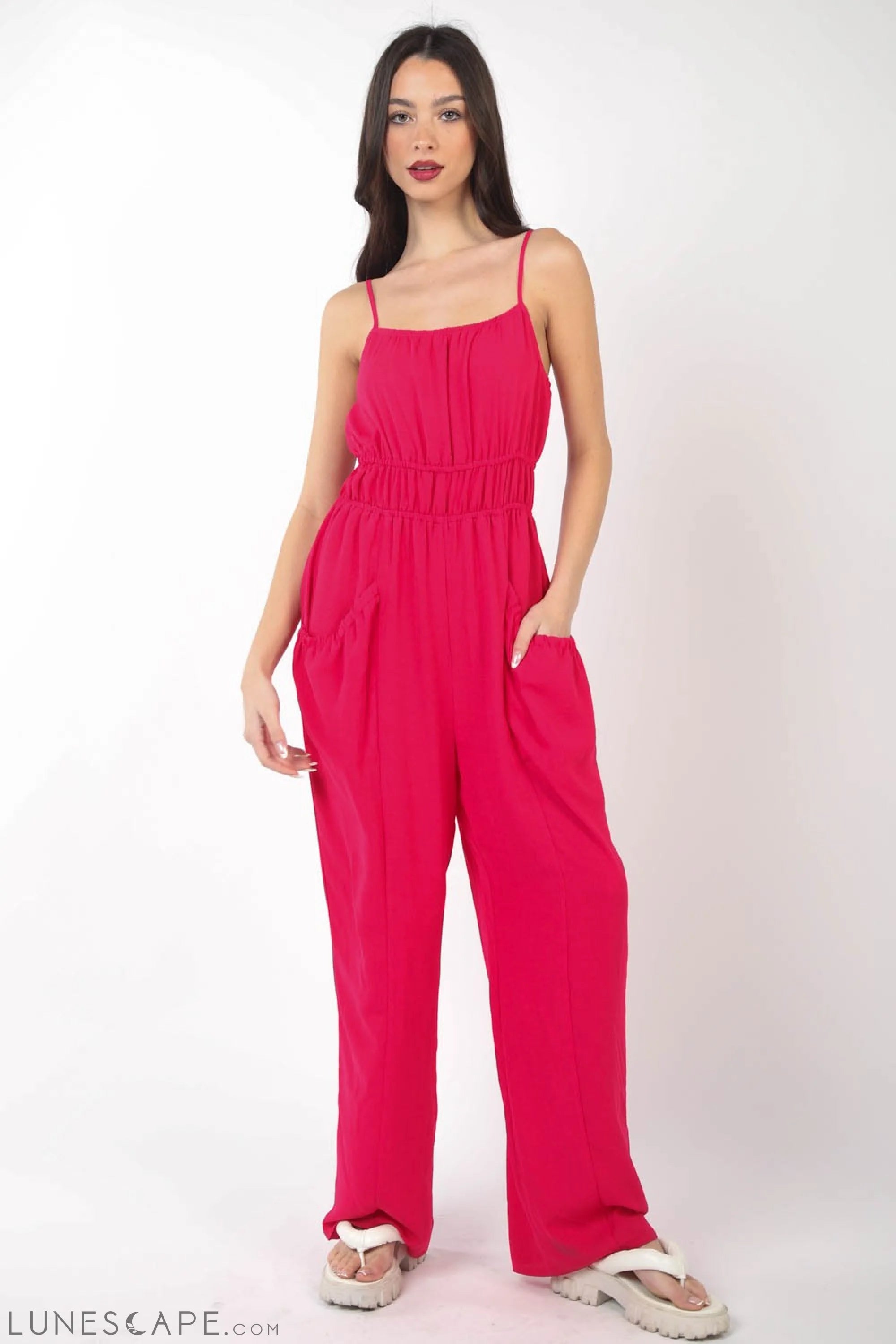 VERY J Pintuck Detail Woven Sleeveless Jumpsuit LUNESCAPE