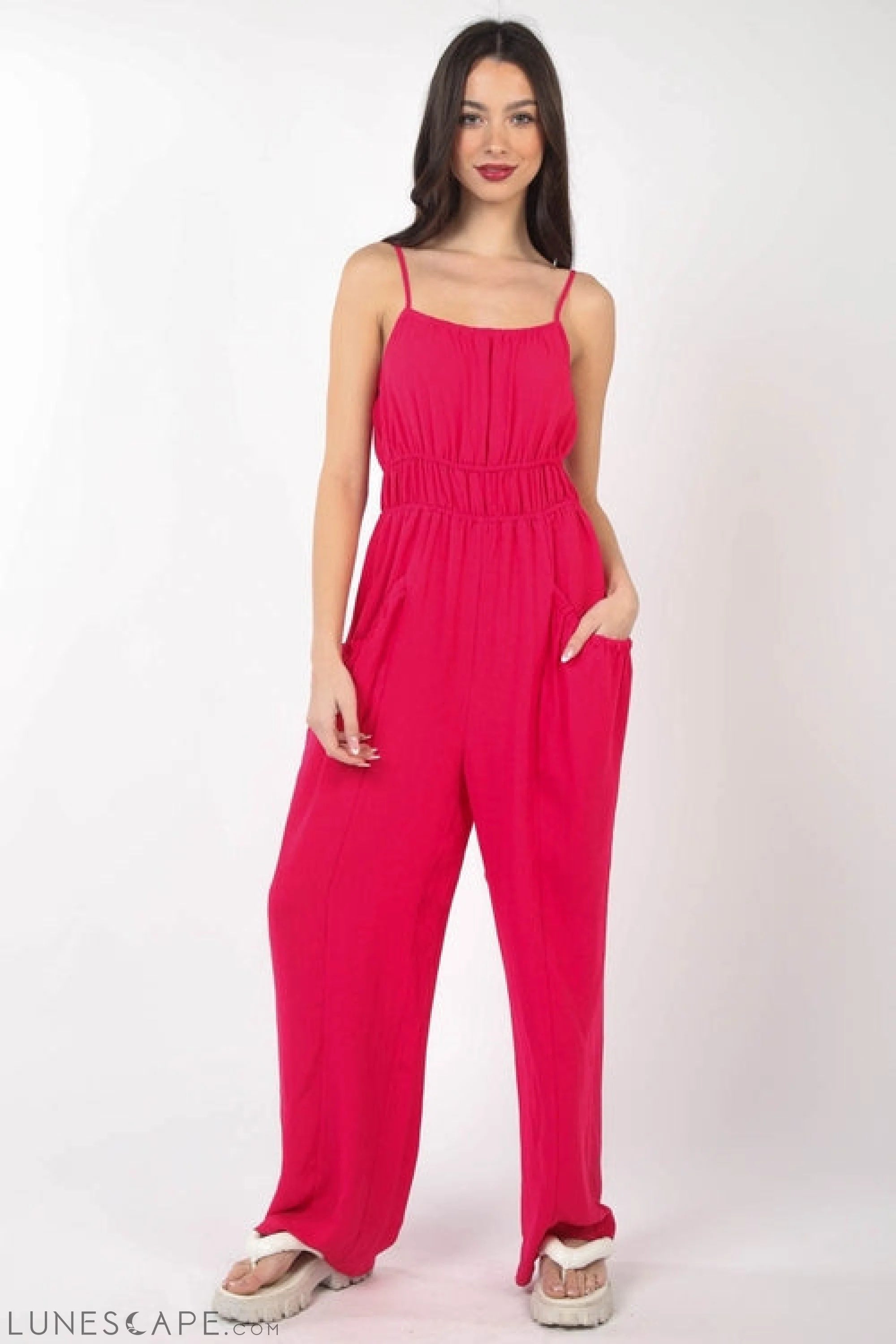VERY J Pintuck Detail Woven Sleeveless Jumpsuit LUNESCAPE