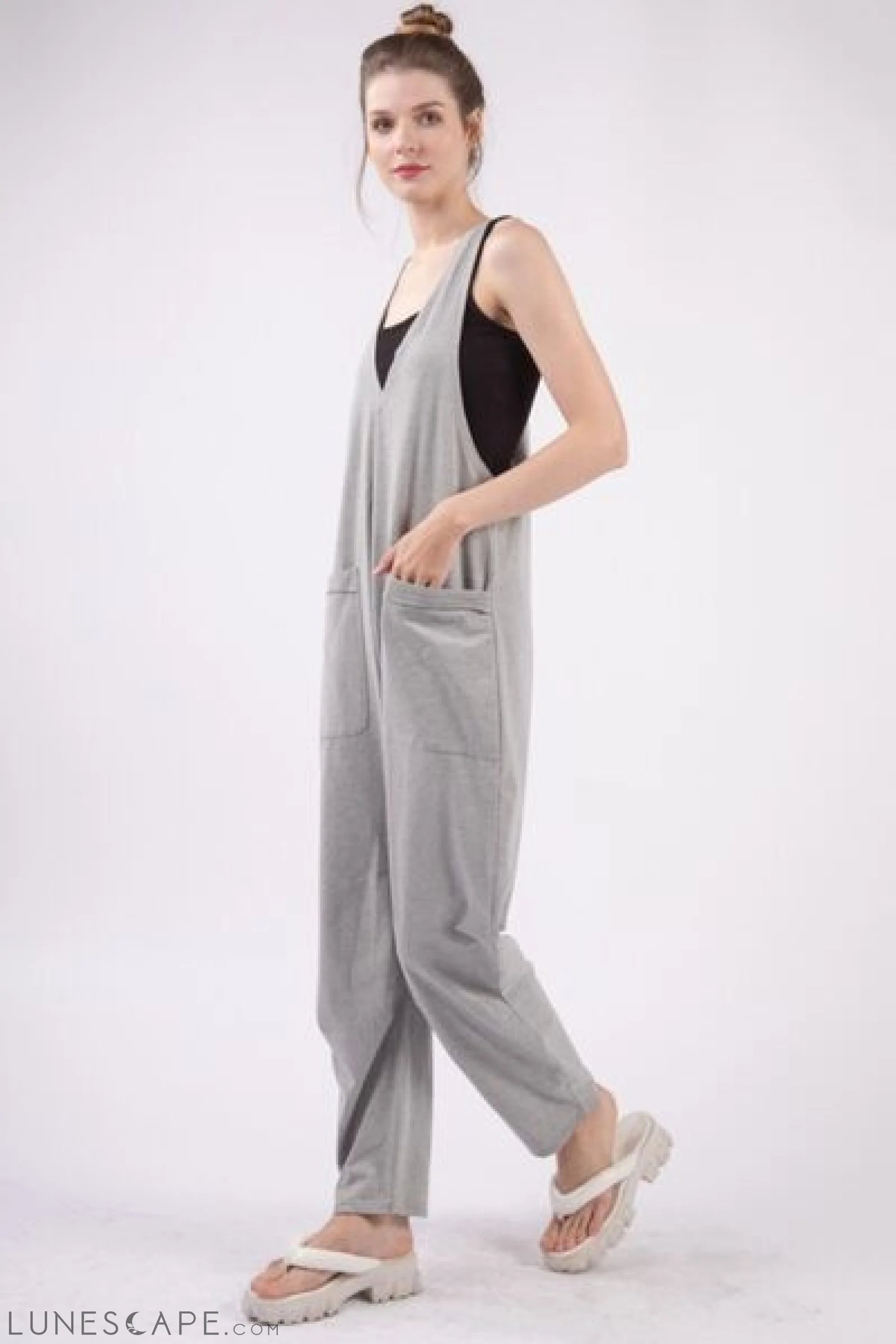 VERY J  Plunge Sleeveless Jumpsuit with Pockets LUNESCAPE
