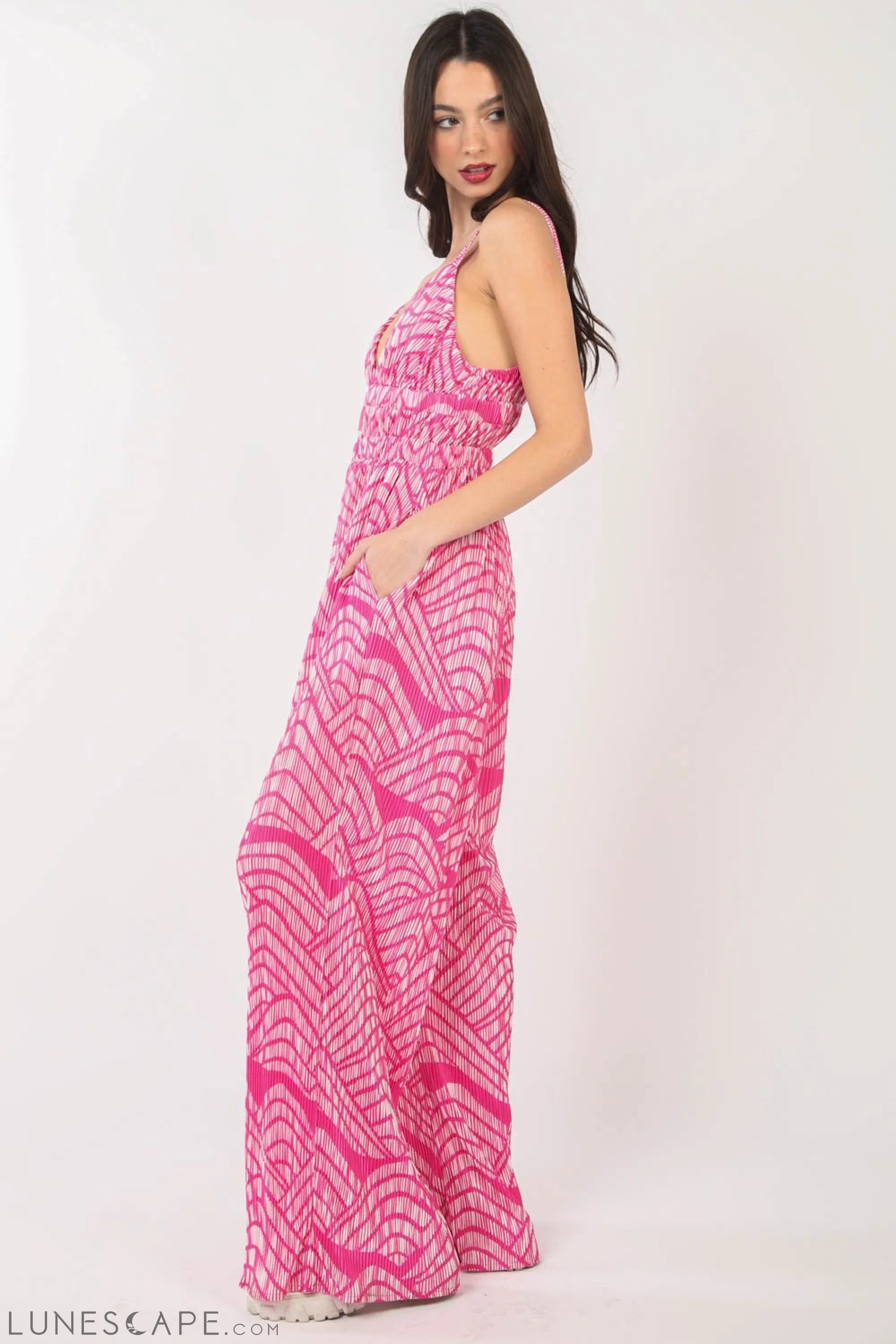 VERY J Printed Pleated Sleeveless Wide Leg Jumpsuit LUNESCAPE