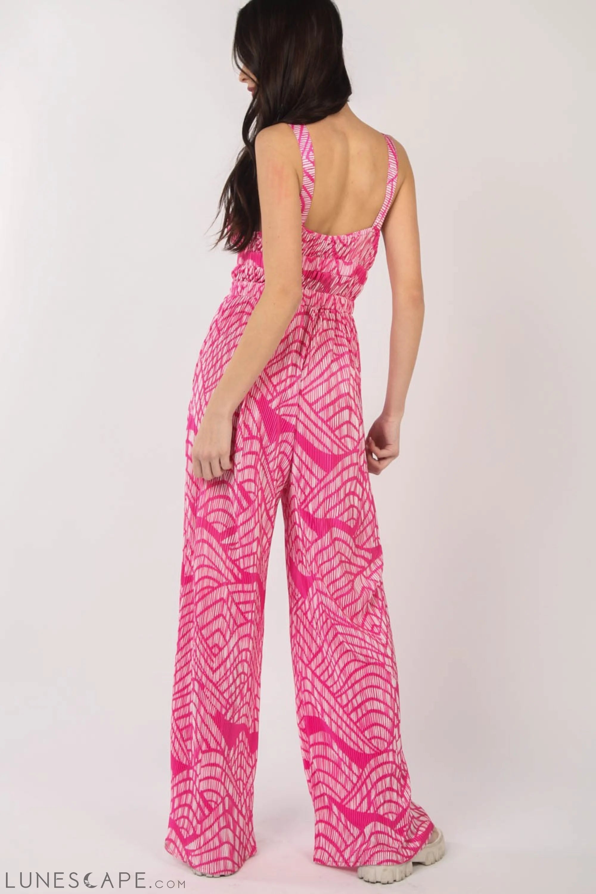 VERY J Printed Pleated Sleeveless Wide Leg Jumpsuit LUNESCAPE
