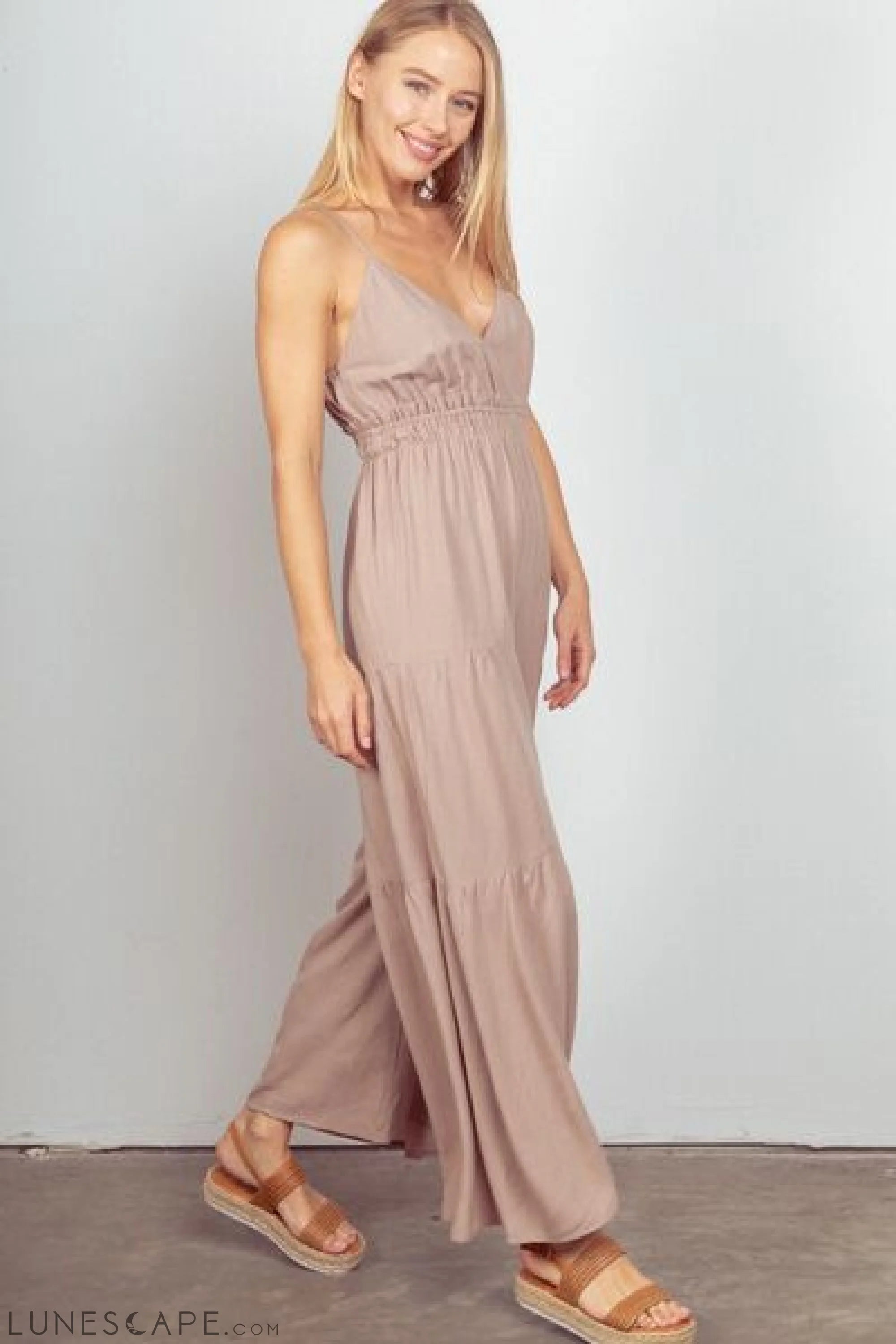 VERY J Sleeveless Ruched Wide Leg Jumpsuit LUNESCAPE