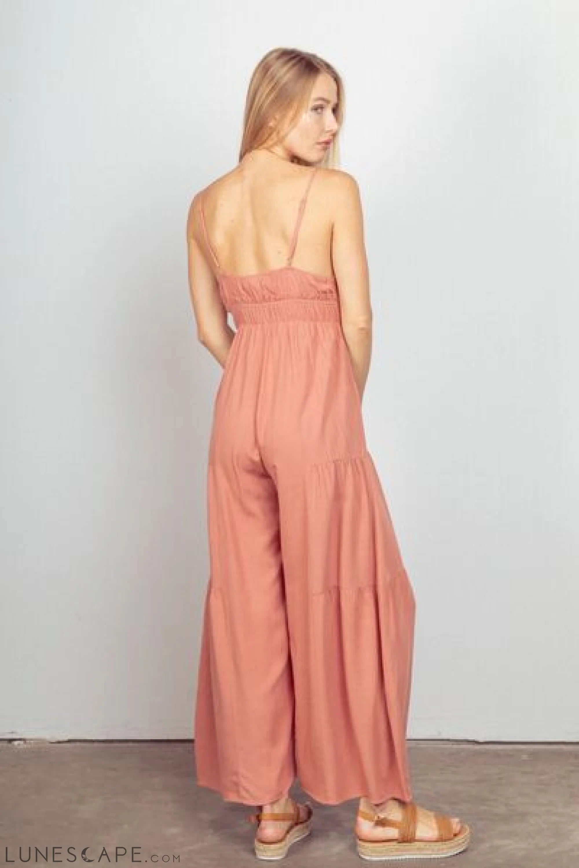 VERY J Sleeveless Ruched Wide Leg Jumpsuit LUNESCAPE