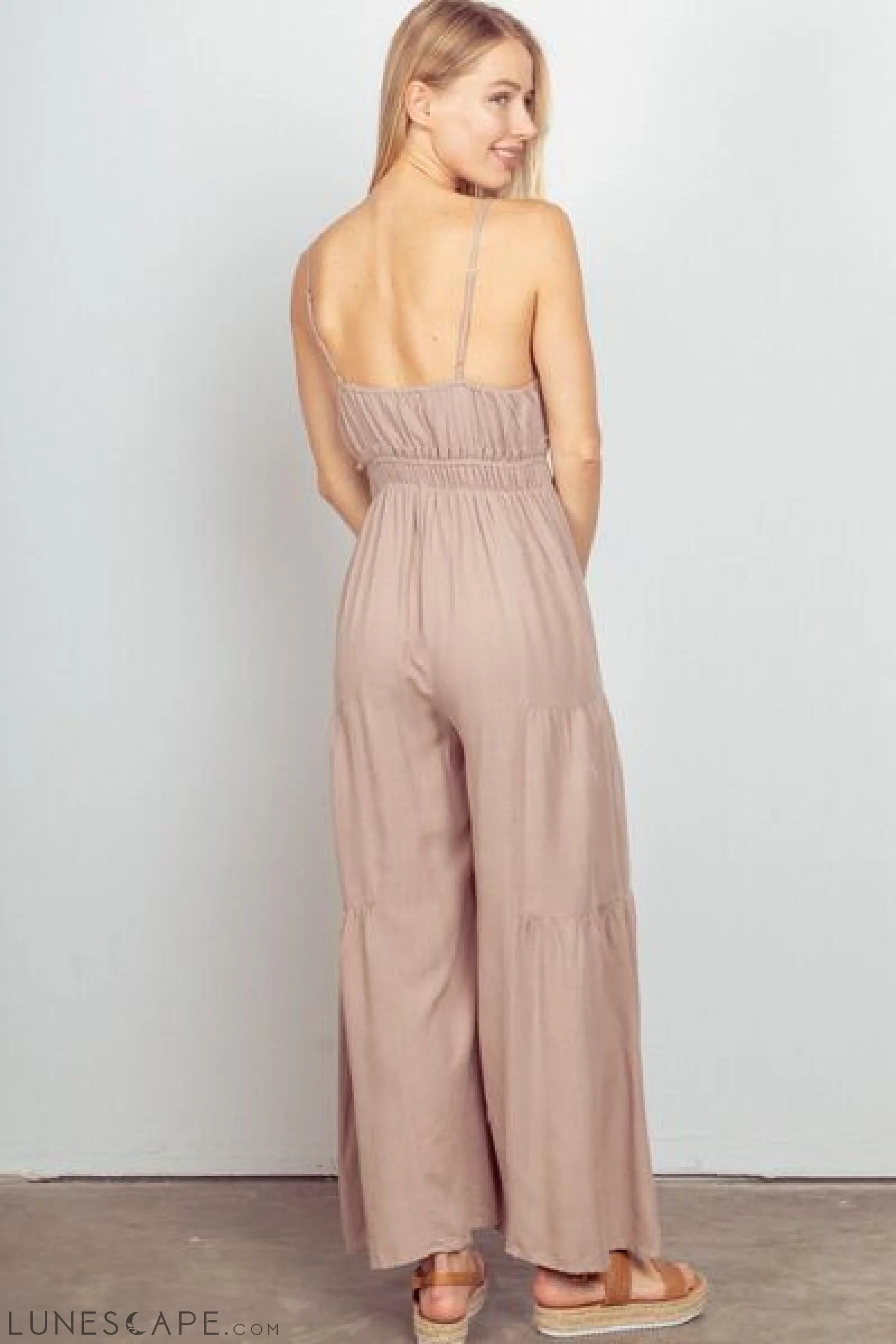 VERY J Sleeveless Ruched Wide Leg Jumpsuit LUNESCAPE