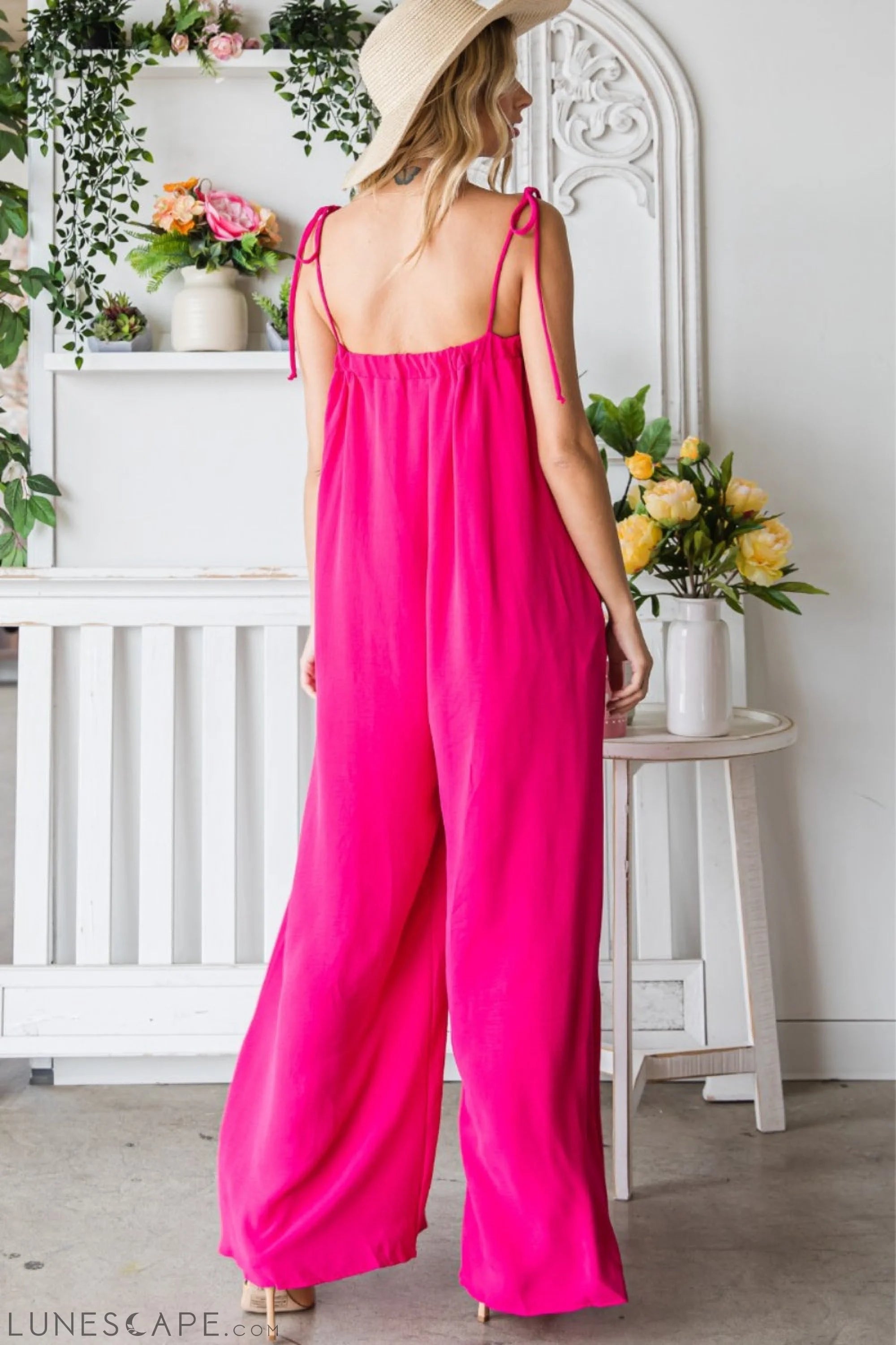 Veveret Pocketed Spaghetti Strap Wide Leg Jumpsuit LUNESCAPE