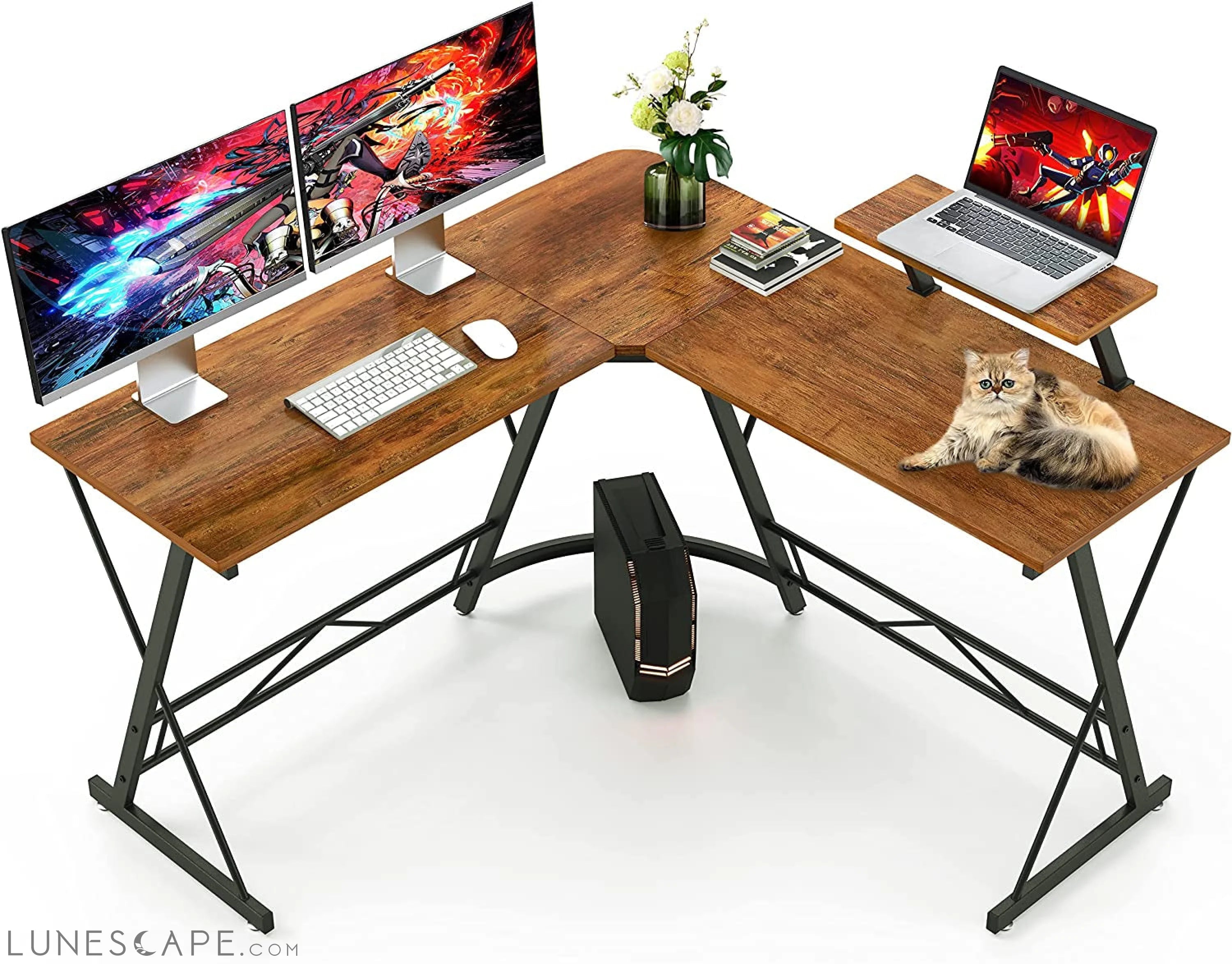 Vintage L-Shaped Gaming Desk with Monitor Stand LUNESCAPE