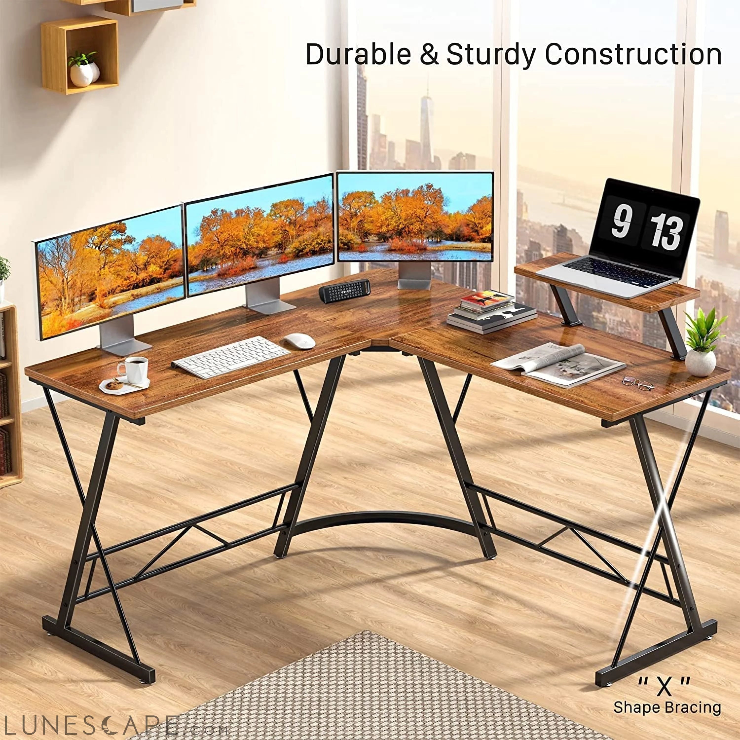 Vintage L-Shaped Gaming Desk with Monitor Stand LUNESCAPE
