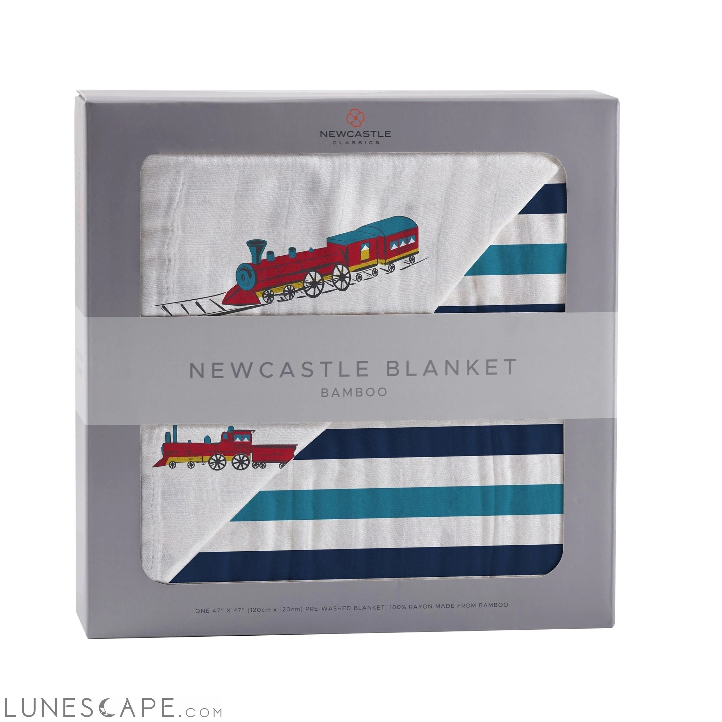 Vintage Steam Trains and Blue Stripe Bamboo Muslin Newcastle Blanket LUNESCAPE