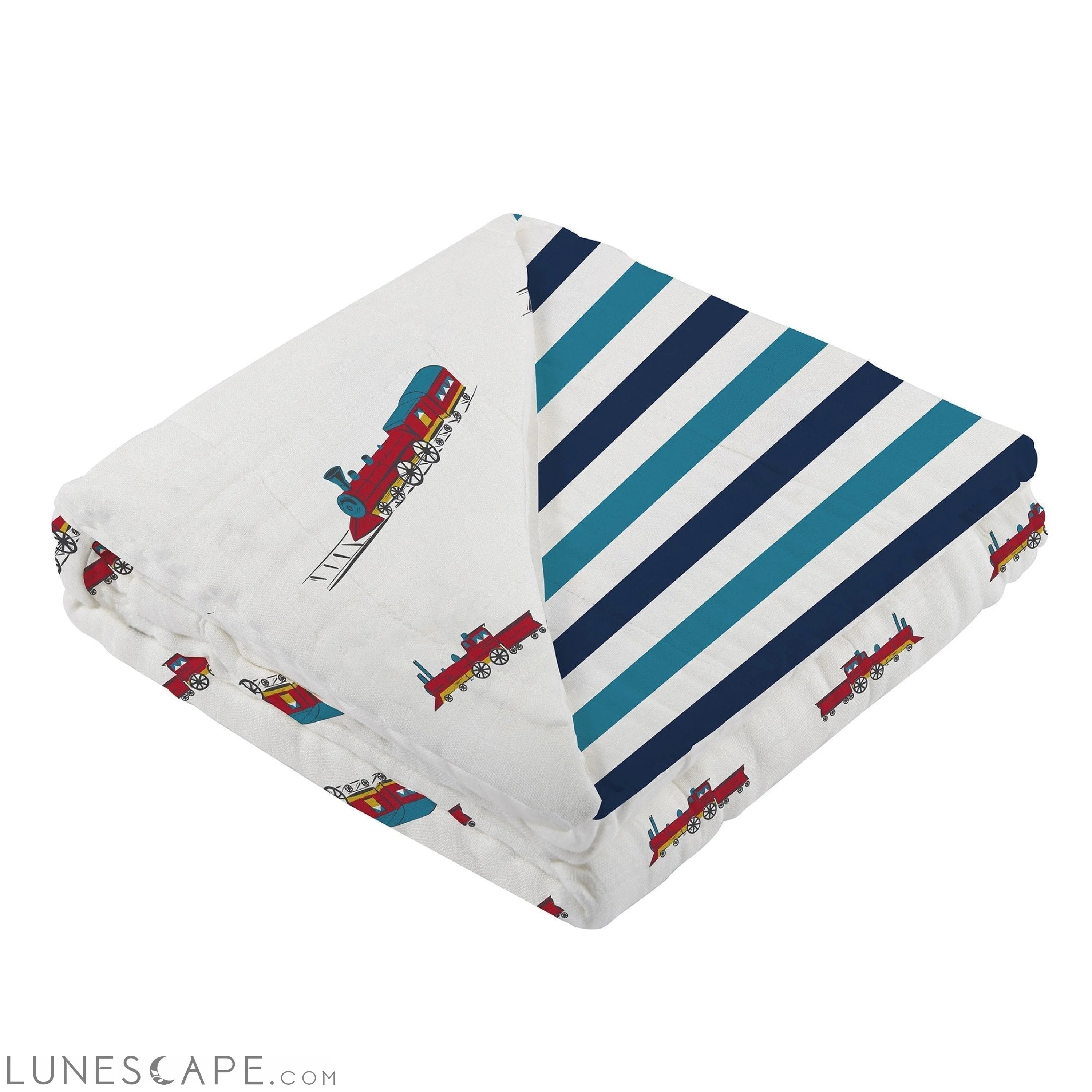 Vintage Steam Trains and Blue Stripe Bamboo Muslin Newcastle Blanket LUNESCAPE