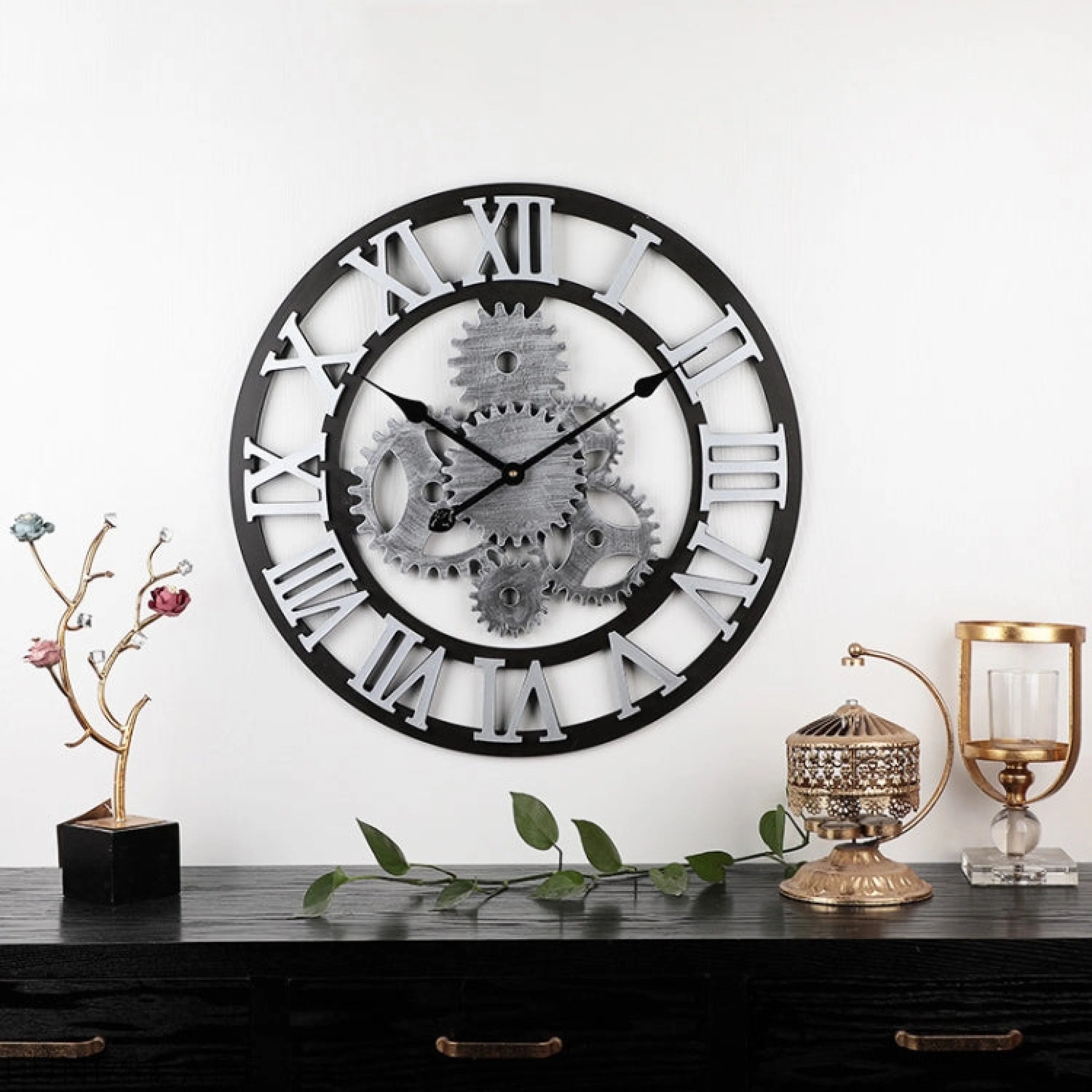 Vintage Wooden Round Gear Silent Wall Clock Rome Number  58cm  6 Gears LUNESCAPE