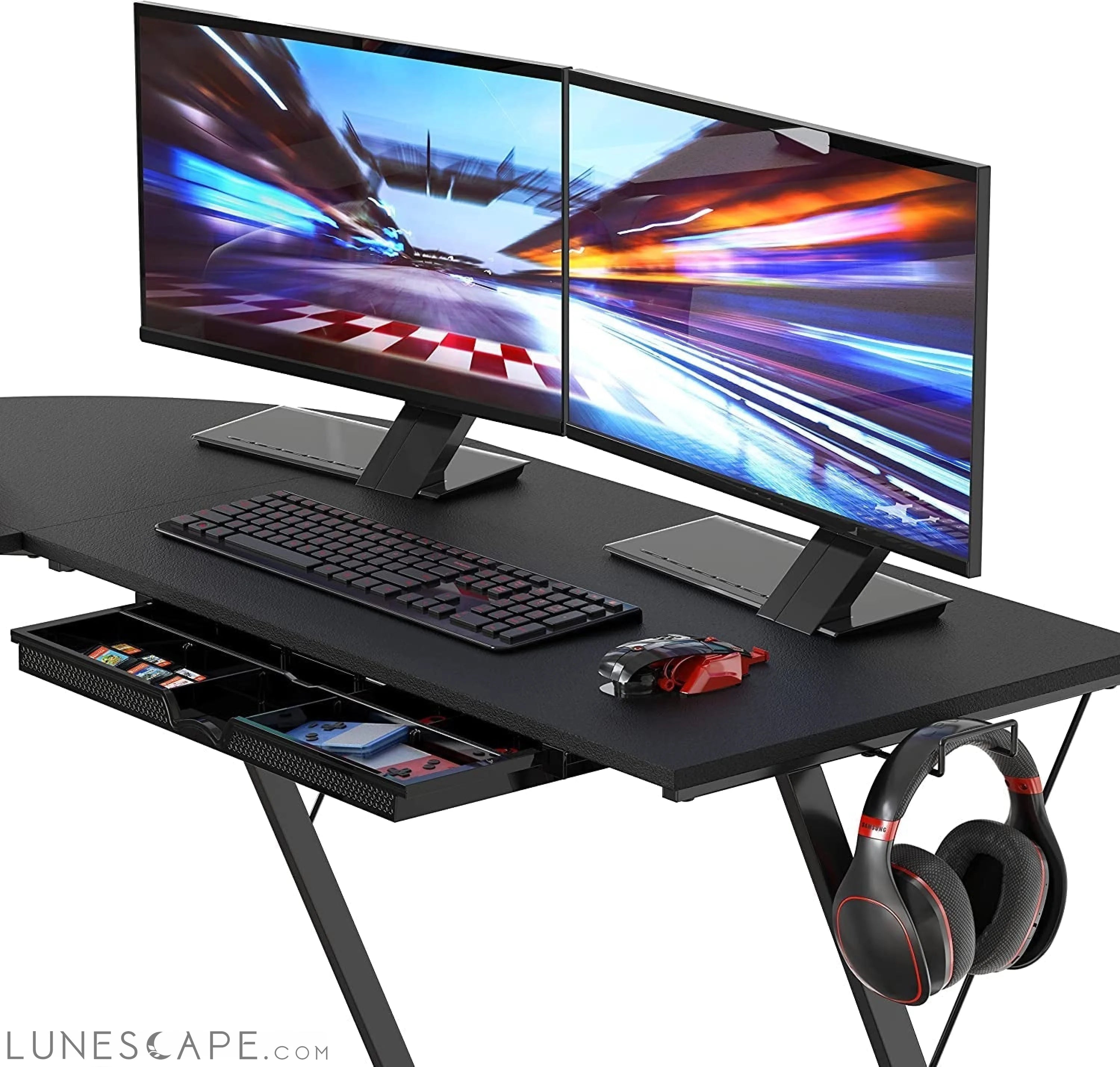 Vista L-Shape Desk with Monitor Stand, Black LUNESCAPE