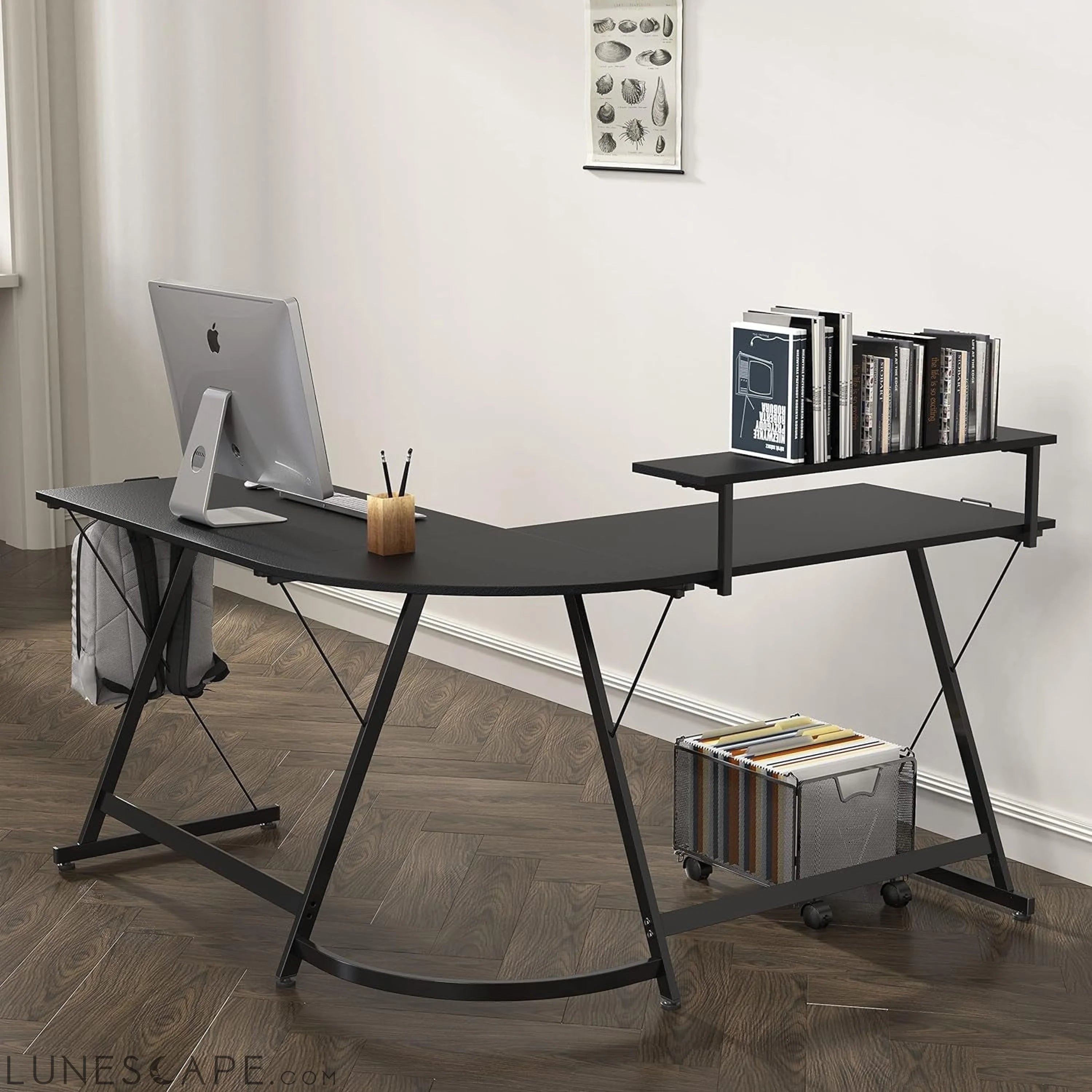 Vista L-Shape Desk with Monitor Stand, Black LUNESCAPE
