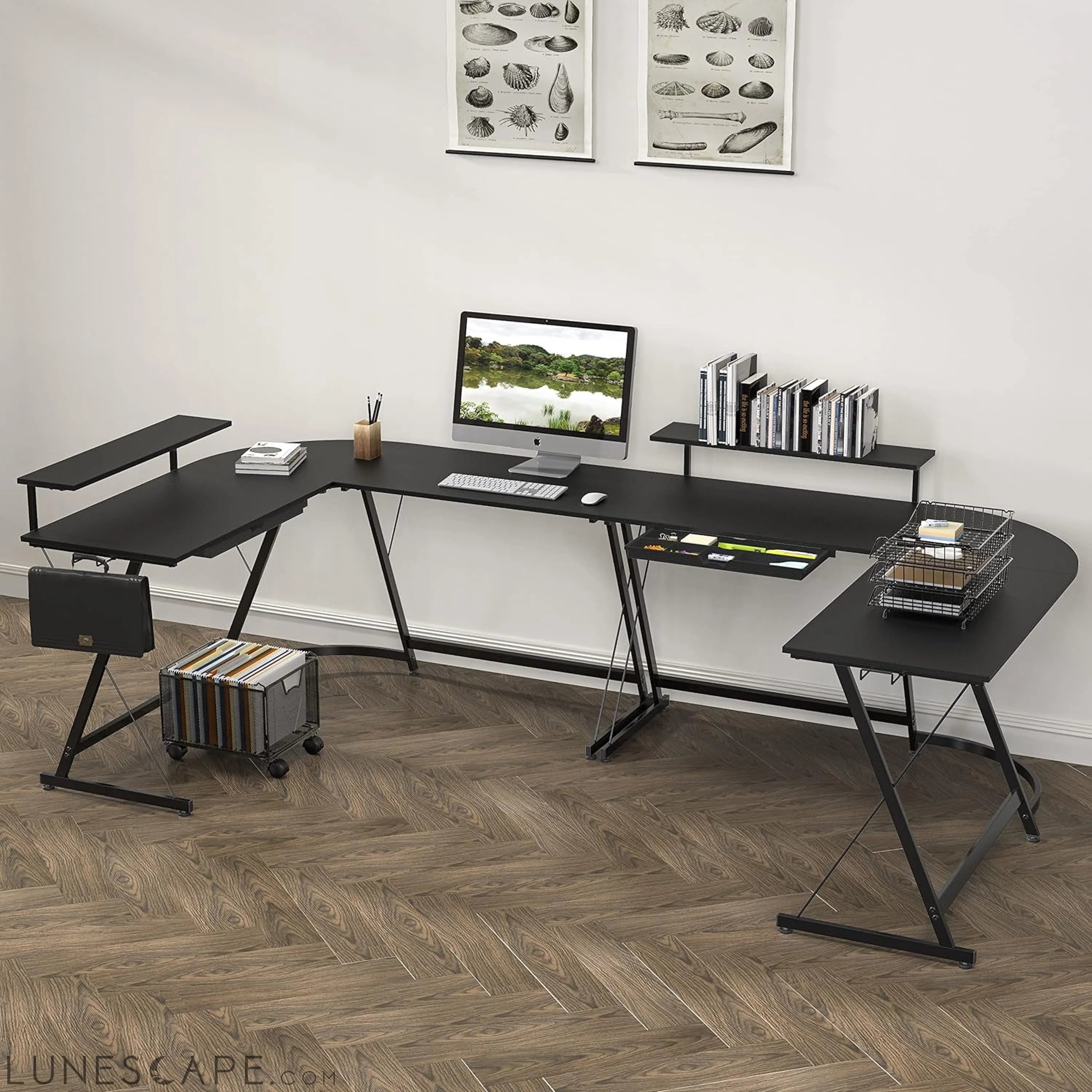 Vista L-Shape Desk with Monitor Stand, Black LUNESCAPE