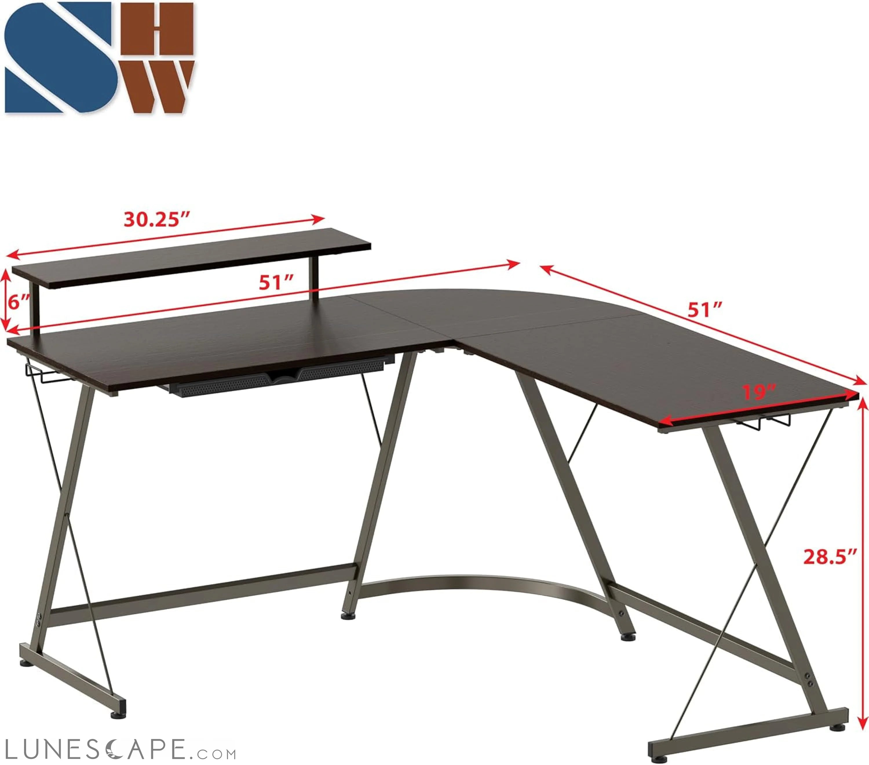Vista L-Shape Desk with Monitor Stand, Espresso LUNESCAPE